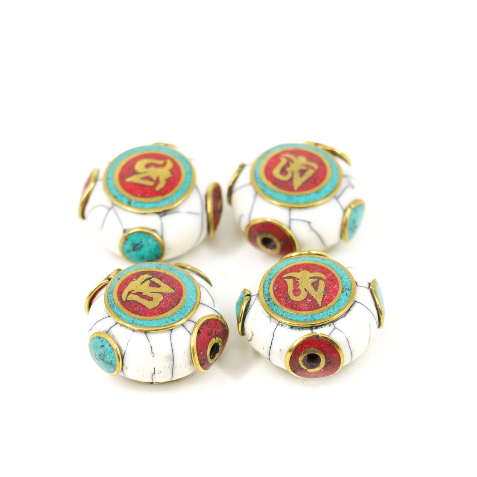 4 Tibetan Inlaid White Crackle Beads