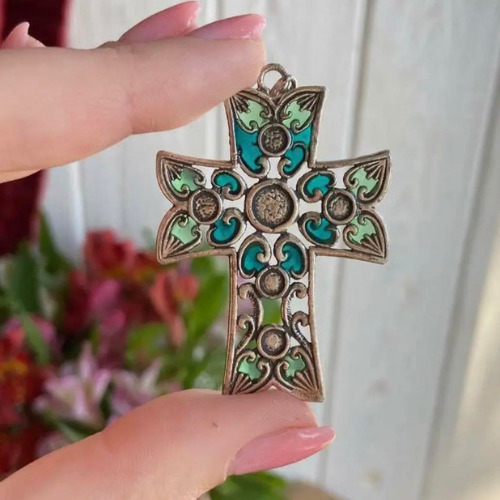 Vintage Christian Cross Pendant Silvered with Colored Stained Glass Enamel