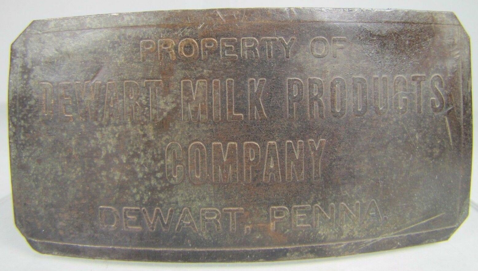 PROPERTY OF DEWART MILK Prod Co PENNA Old Metal Milk Can Tag Sm Sign Nameplate
