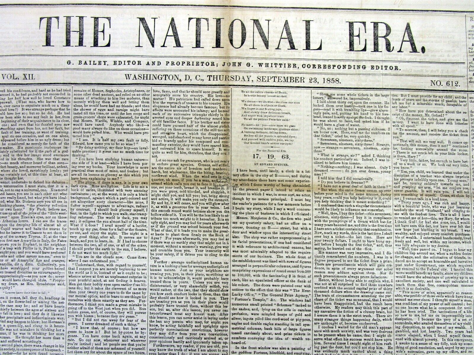 1858 anti-slavery newspaper NATIONAL ERA detailing the HORRORS ofTHE SLAVE TRADE