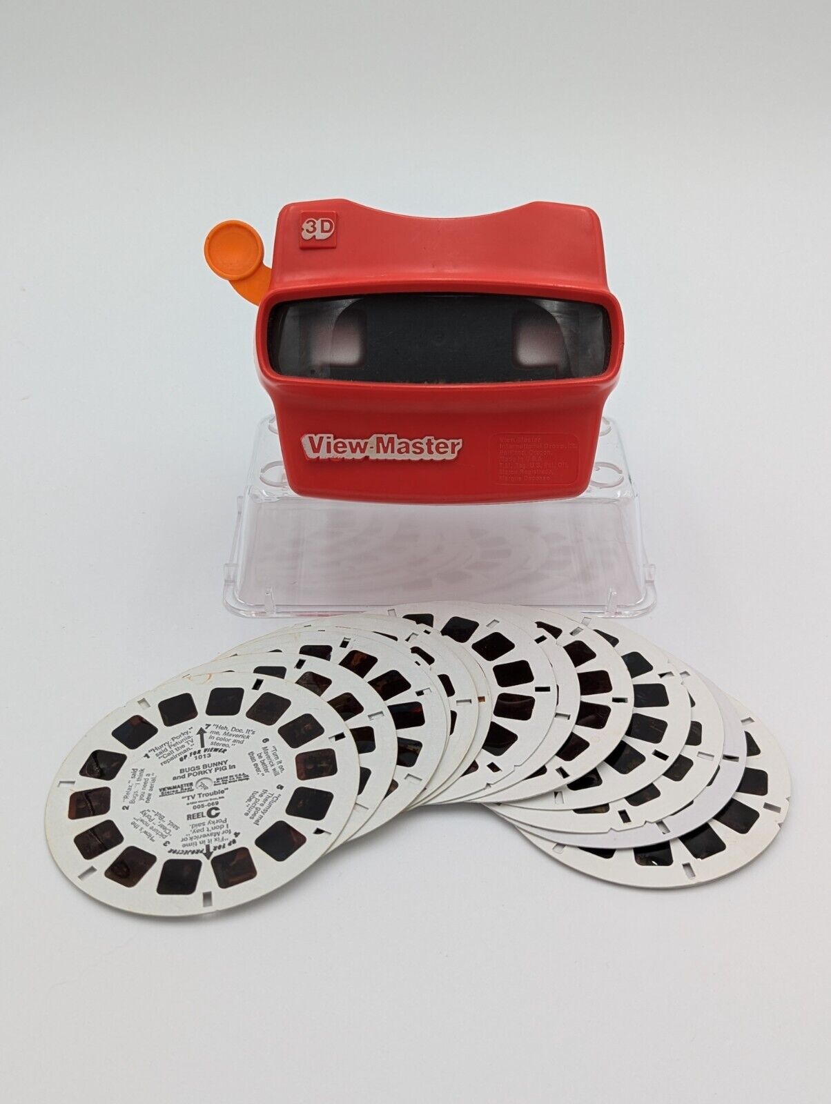 Vtg Viewmaster 3D viewer Red with orange handle. 14 Reels. Bugs Bunny. Discovery
