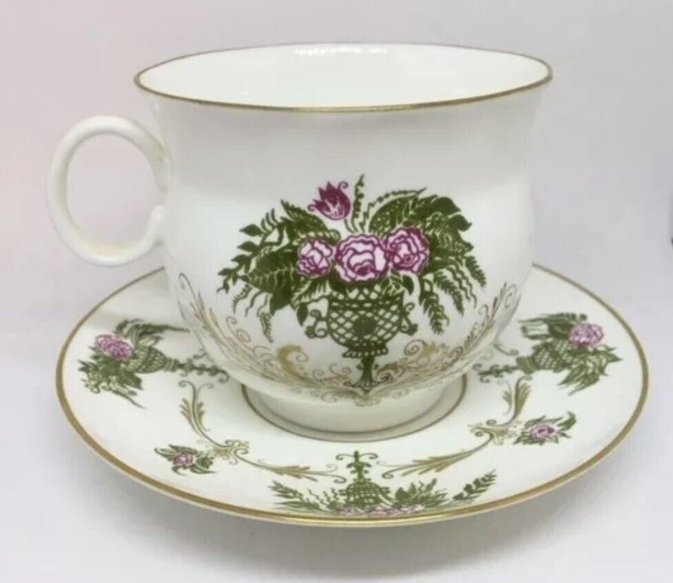 ЛФЗ Vintage ussr lomonosov porcelain tea cup  & saucer floral fern pink/green