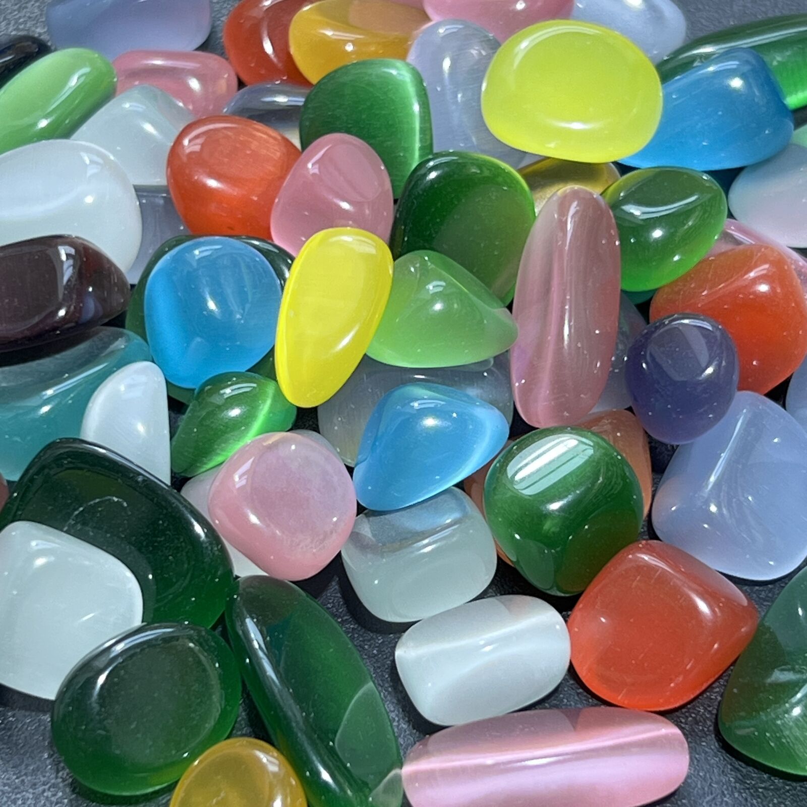 Cats Eye Flashy Colored Glass Tumbled (1 LB) One Pound Bulk Wholesale Lot Stones
