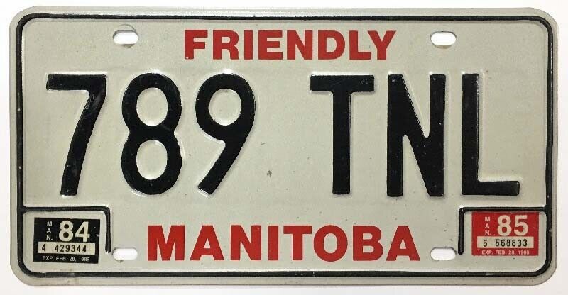 Vintage Friendly Manitoba Canada 1984 1985 License Plate 789 TNL Very Good