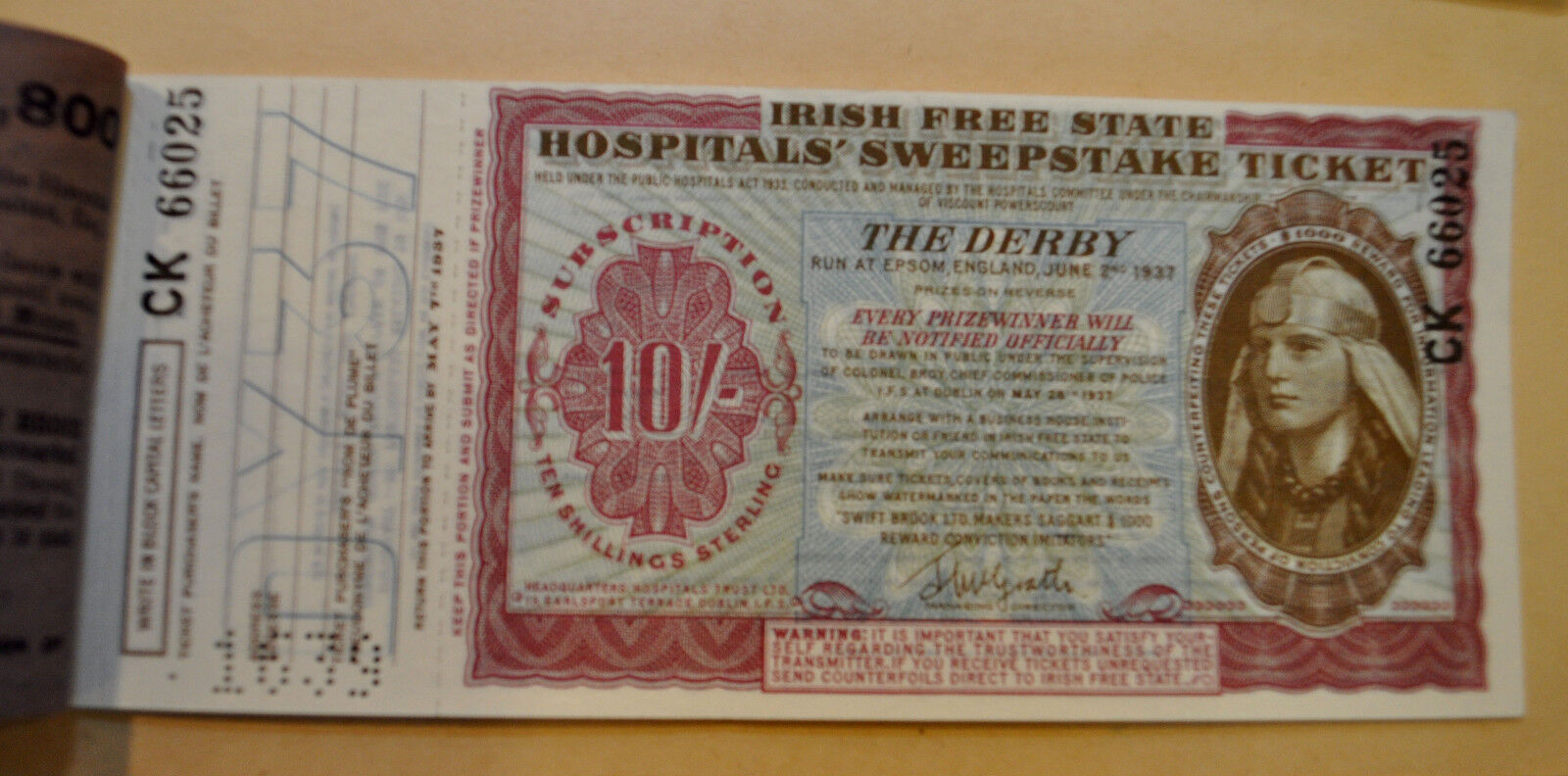 Irish Free State Hospitals Sweepstake Lottery Ticket Stub Unused 1937 Derby #1