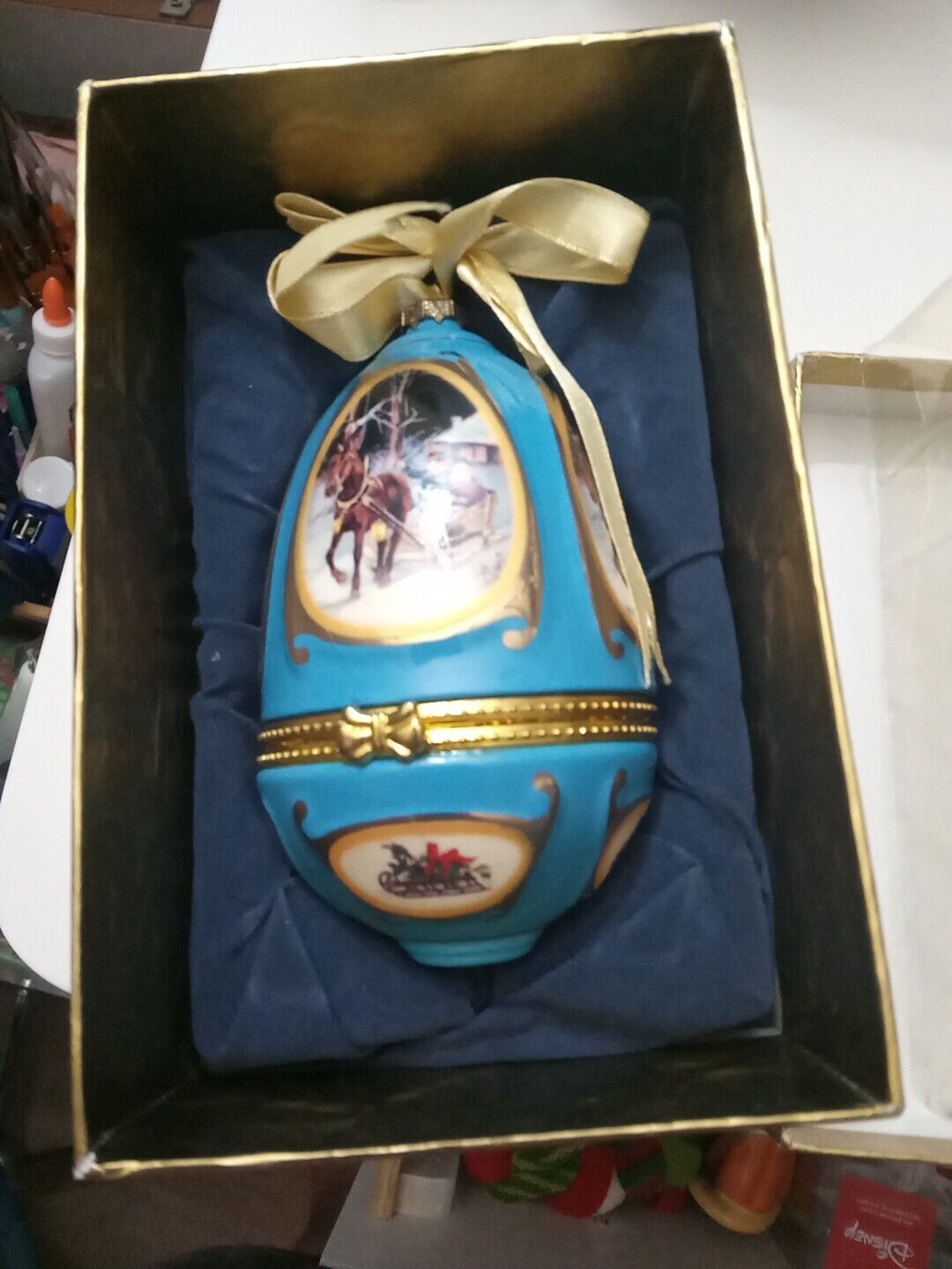 Mr Christmas Musical Egg Ornament Trinket Box - Blue/Gold - Valerie Parr Hill