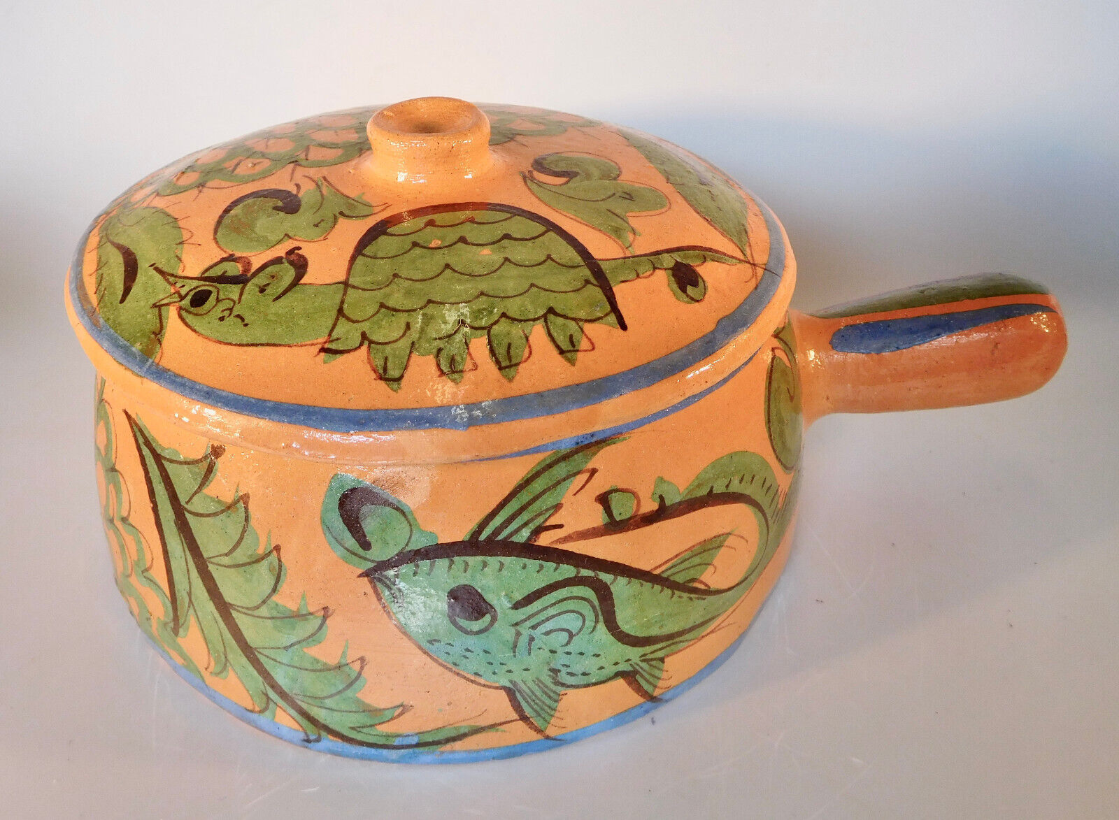 Vintage Mexican Pottery Tlaquepaque Covered Casserole Dish, Turtle & Fish