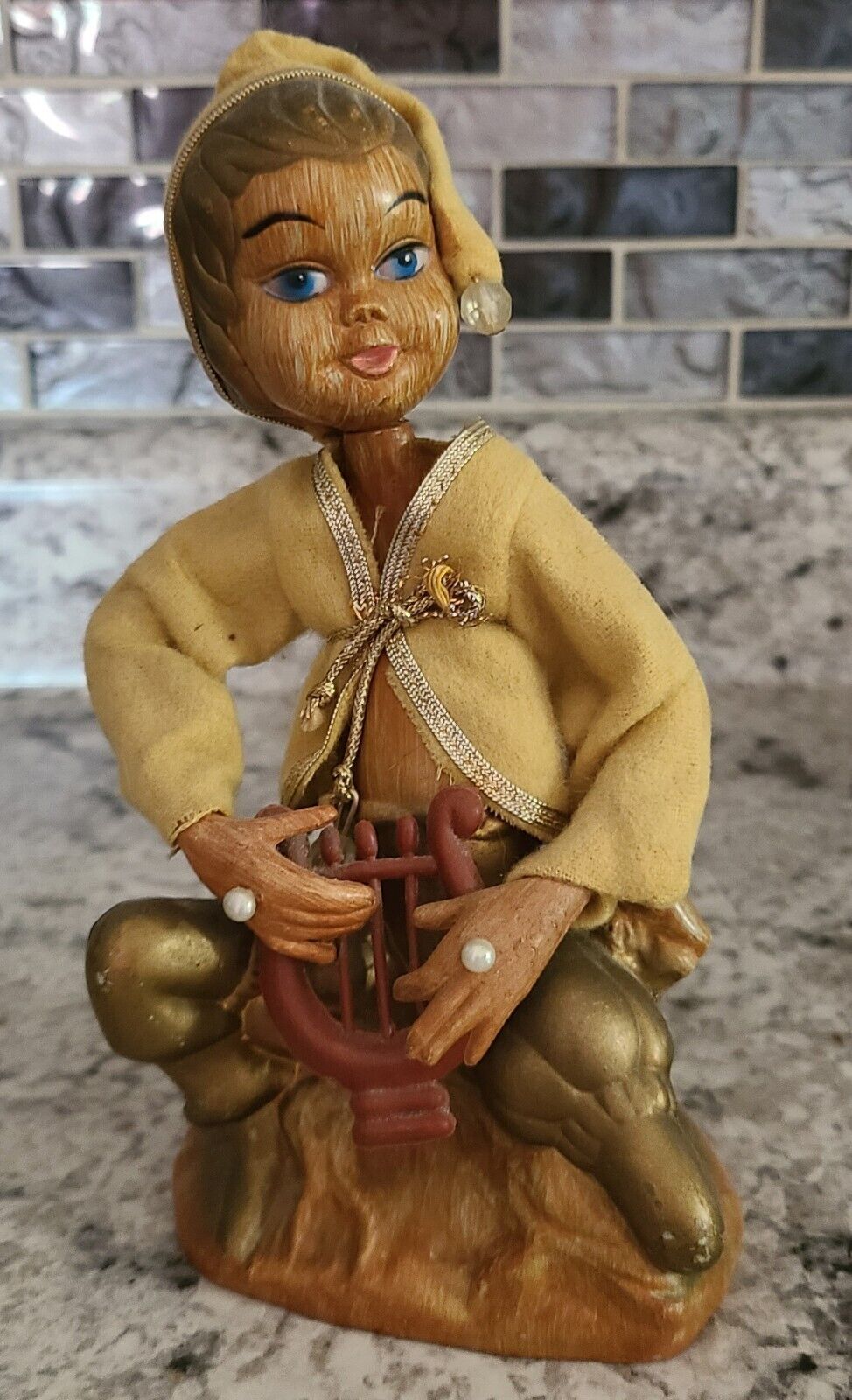 Vintage Golden Fantasy Elf Pixie Playing a Harp Christmas Figurine
