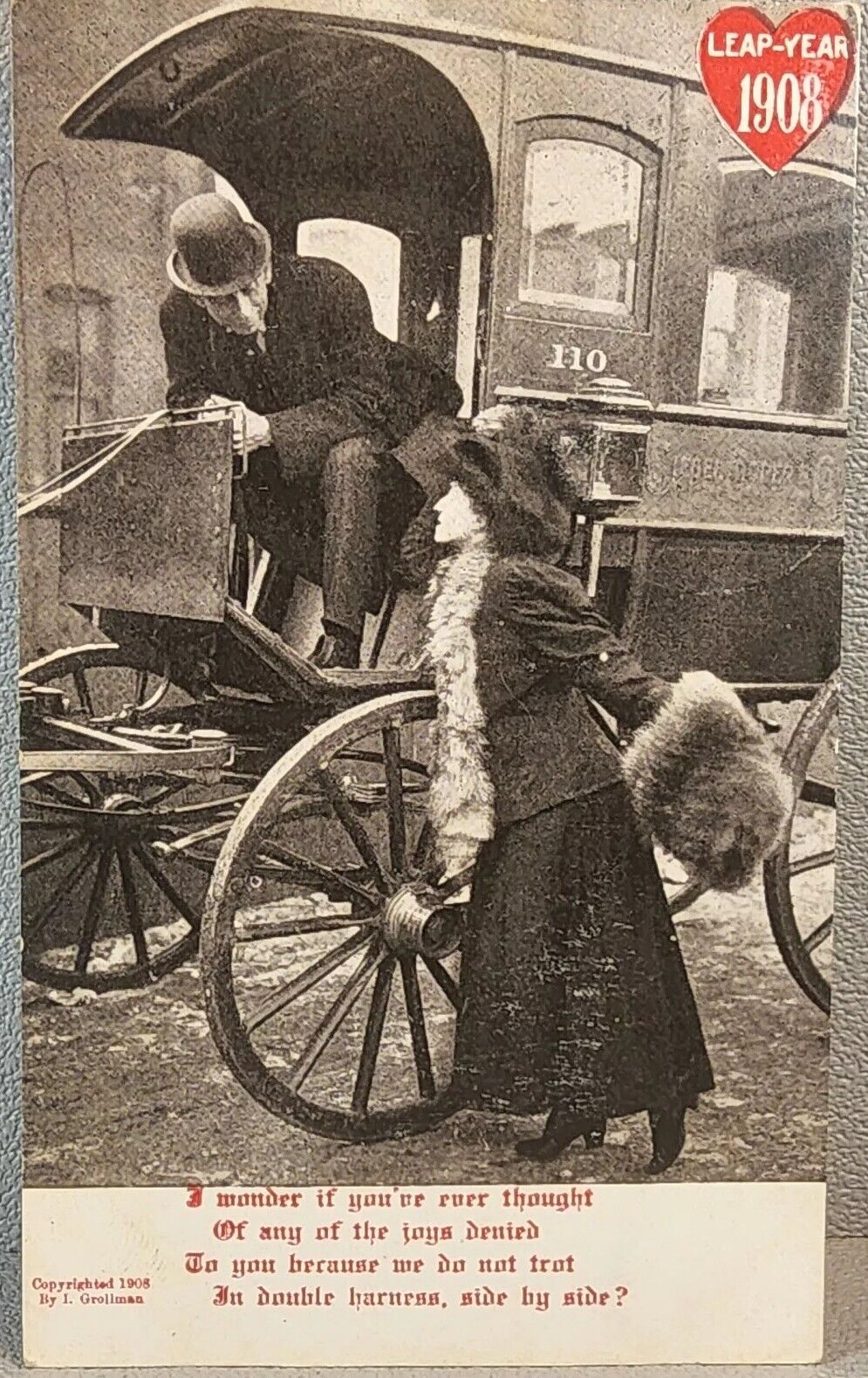 1908 LEAP YEAR Comic Postcard Woman Talking to Driver of Horse Wagon. #-4724