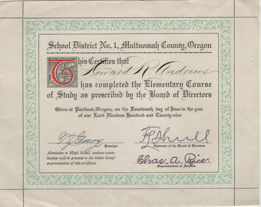 1929 Multnomah Co. Oregon School Dist. #1 Howard R. Andrews Teaching Certificate