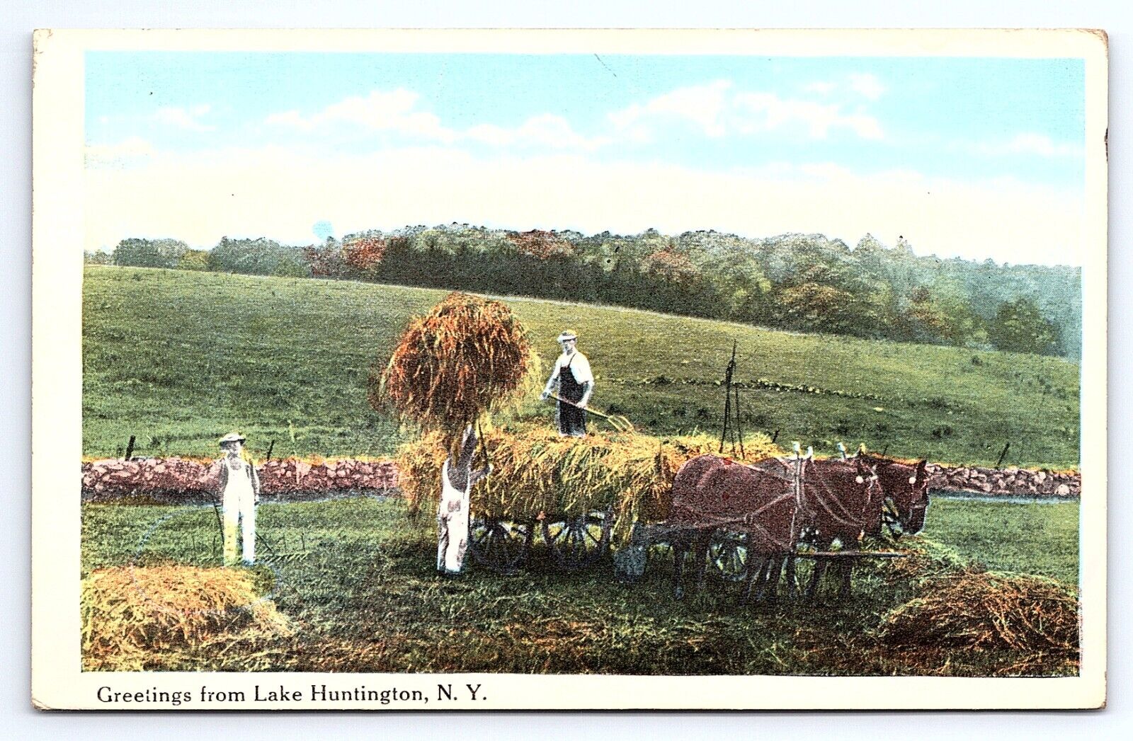 Postcard Greetings From Lake Huntington New York NY Hay Baling Farming