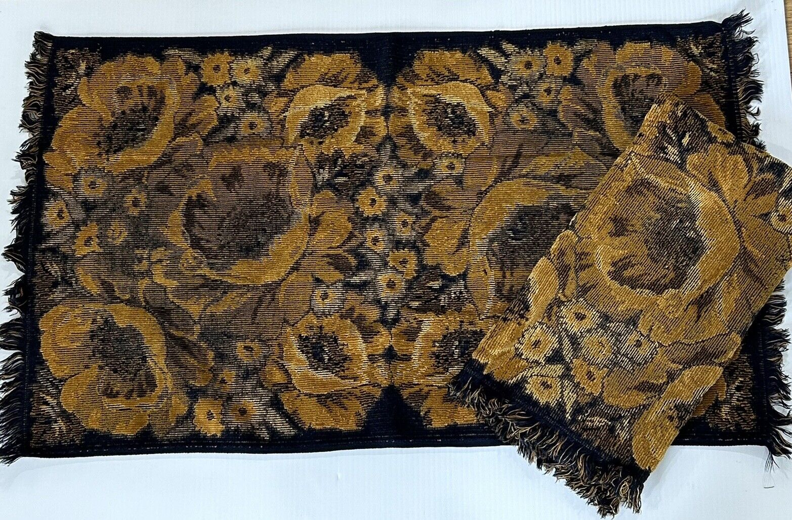 2 Vtg 70s MCM Fieldcrest Gold Navy Black Floral Hand Towel Retro Cotton Tapestry