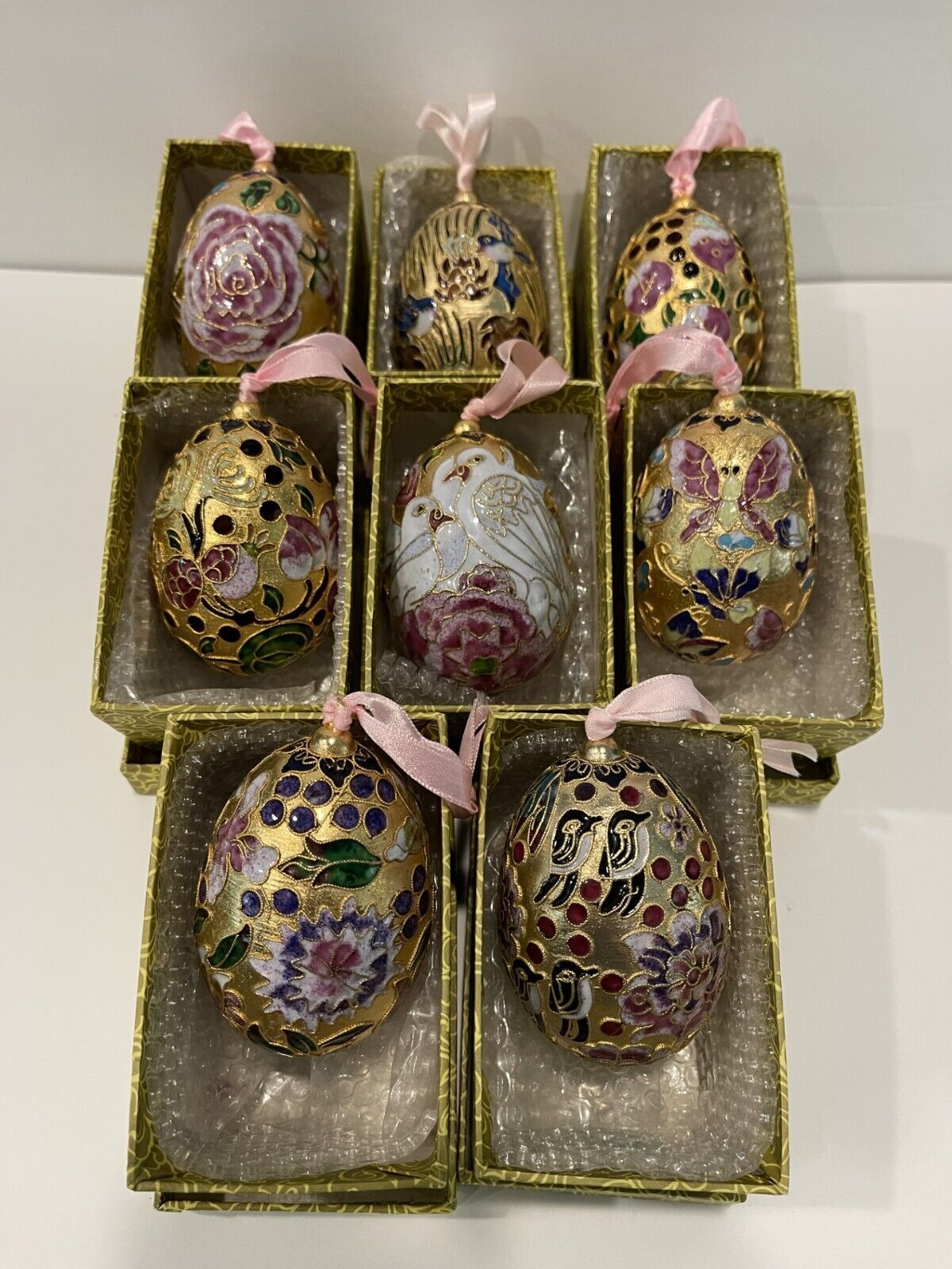 Lot of 8 Hanging Vintage Cloisonné Ornament Egg Shape 3” Multicolored