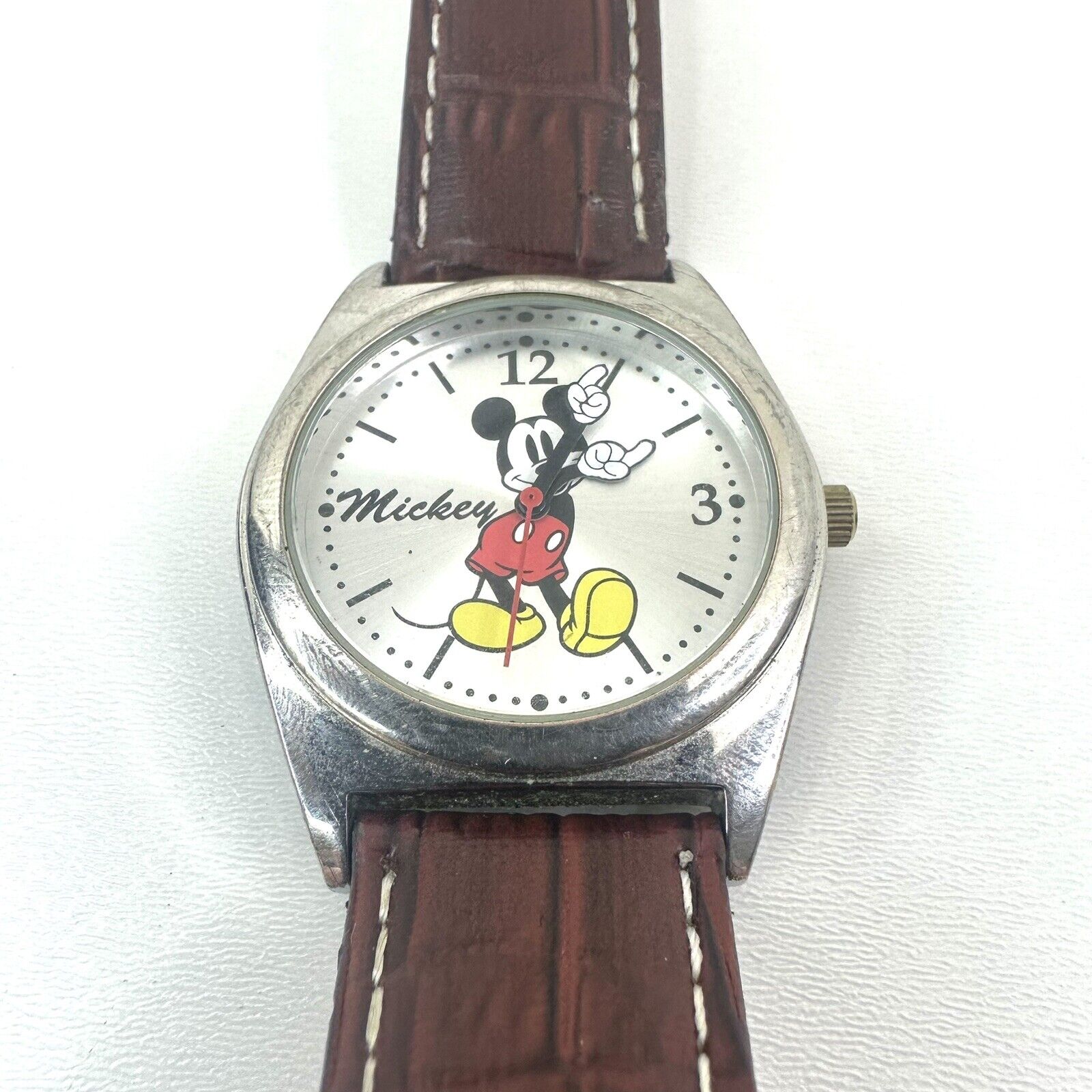 Disney MZB Mickey Mouse Watch Large Face Brown Faux Leather Band New Battery
