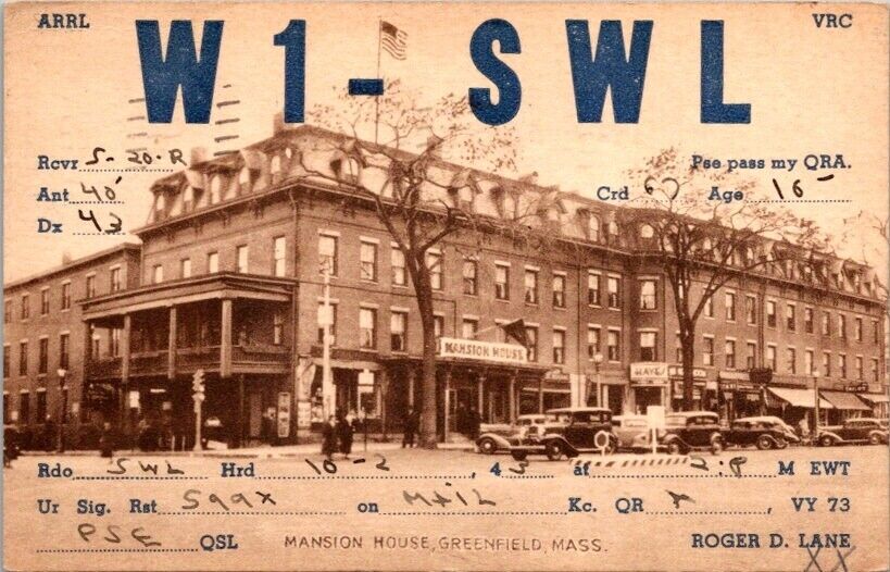 Postcard QSL Card W1-SWL Mansion House Hotel Greenfield Massachusetts 1943 10276