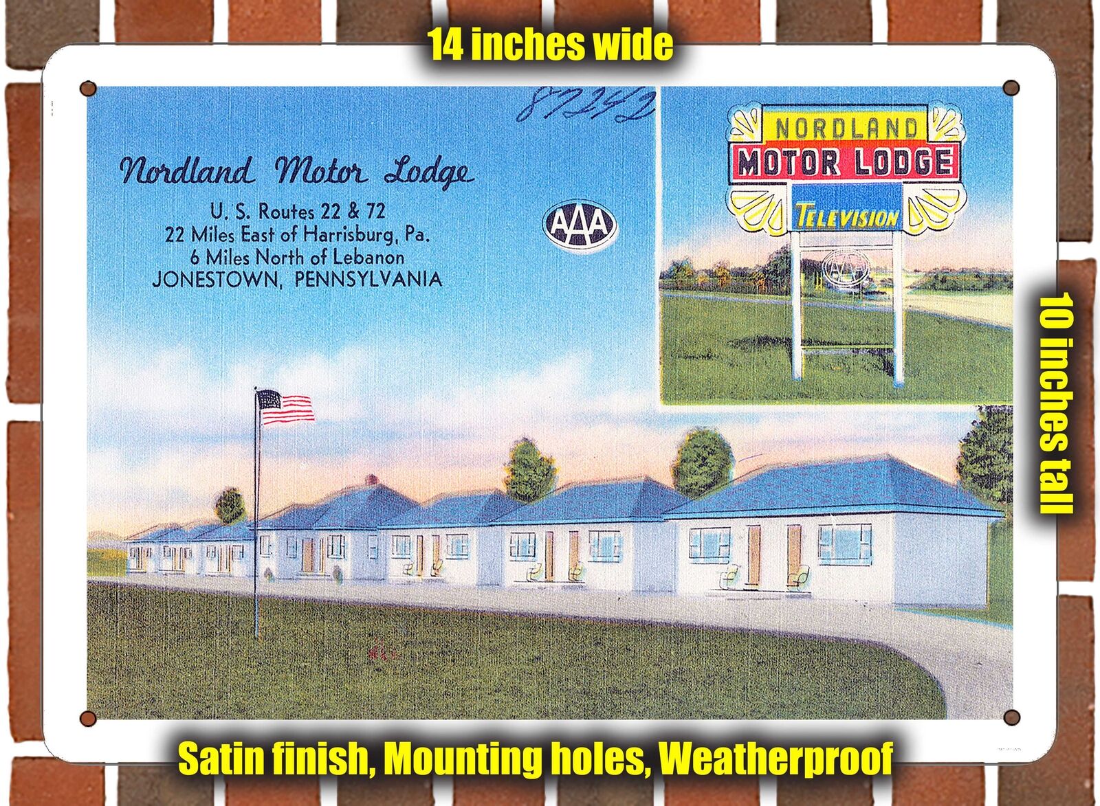 METAL SIGN - Pennsylvania Postcard - Nordland Motor Lodge, U.S. Routes 22 & 72,