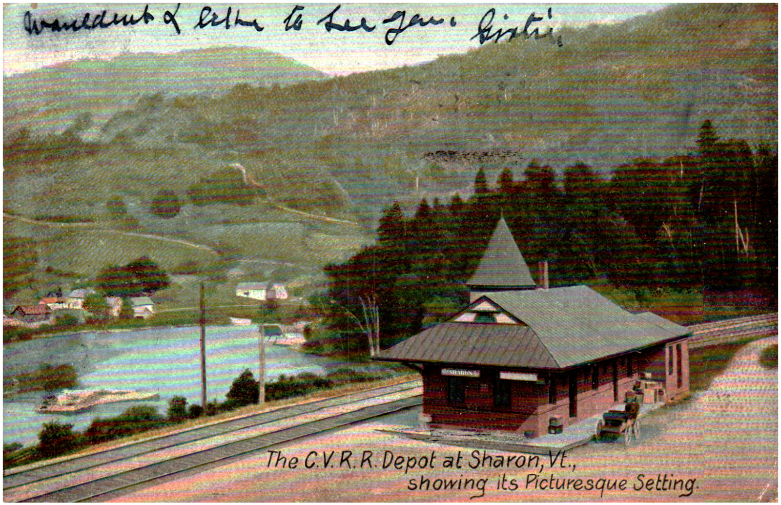 Postcard Vintage 1909 Centra Vermont Railroad Train Station Sharon, VT.