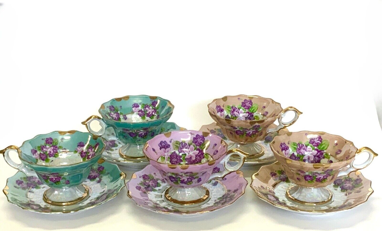 Vintage Iridescent Lavender Gold And Teal Floral Footed Teacup &  Saucer Japan