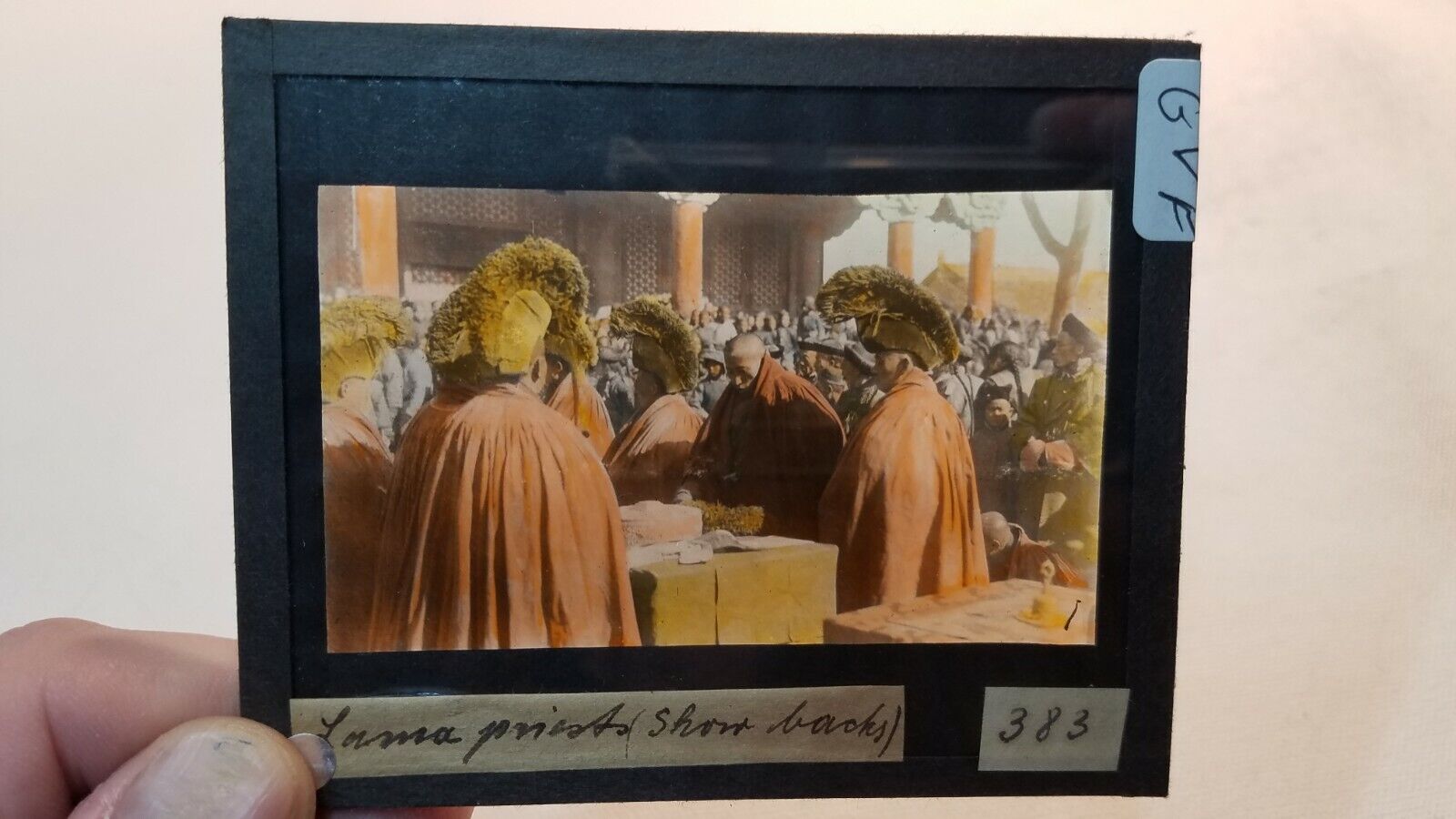 Colored Glass Magic Lantern Slide GVF CHINA CHINESE LAMA PRIESTS IN THE STREET