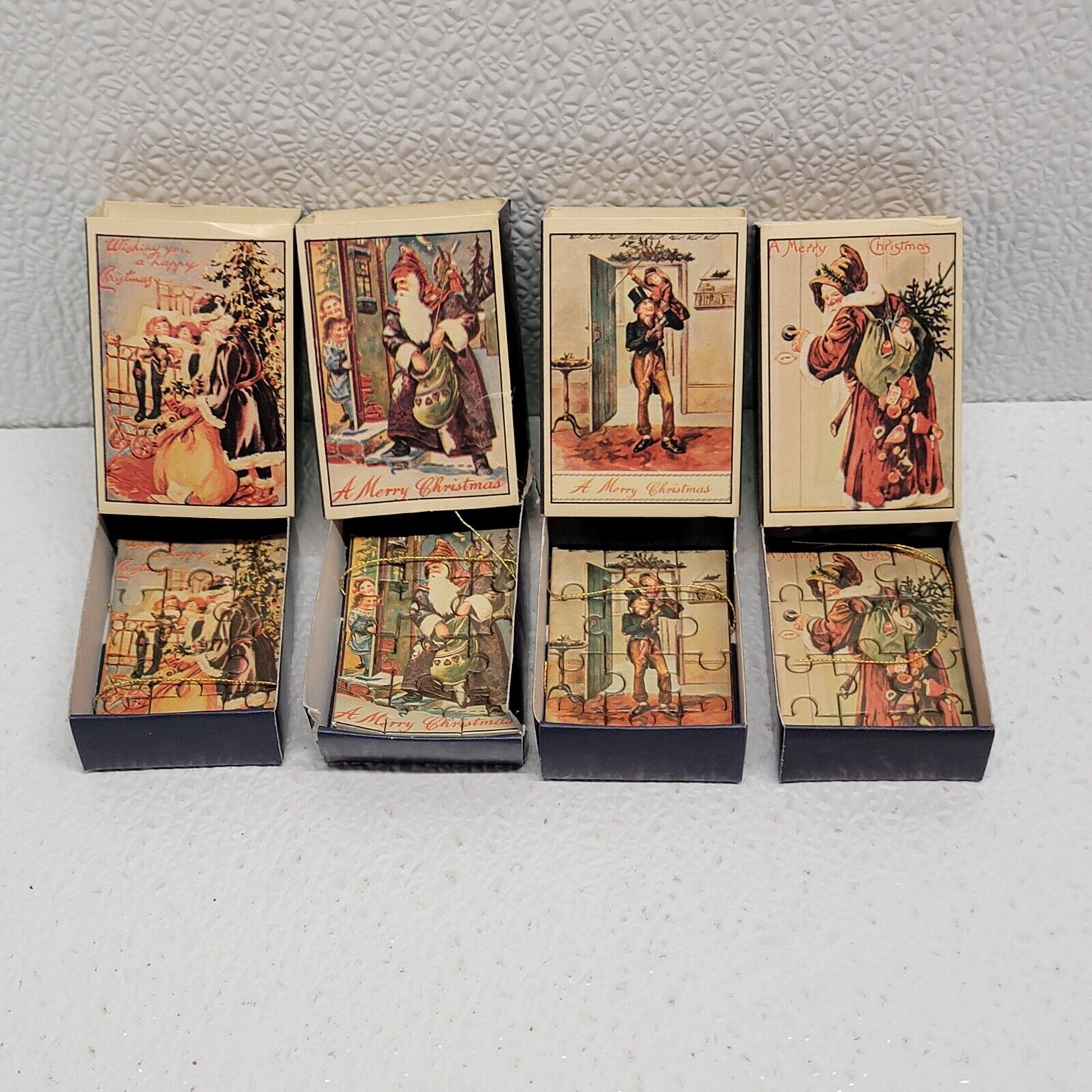 Vintage 4 Tiny Christmas Matchbox Puzzles Ornament Hong Kong Merrimack 2.5”