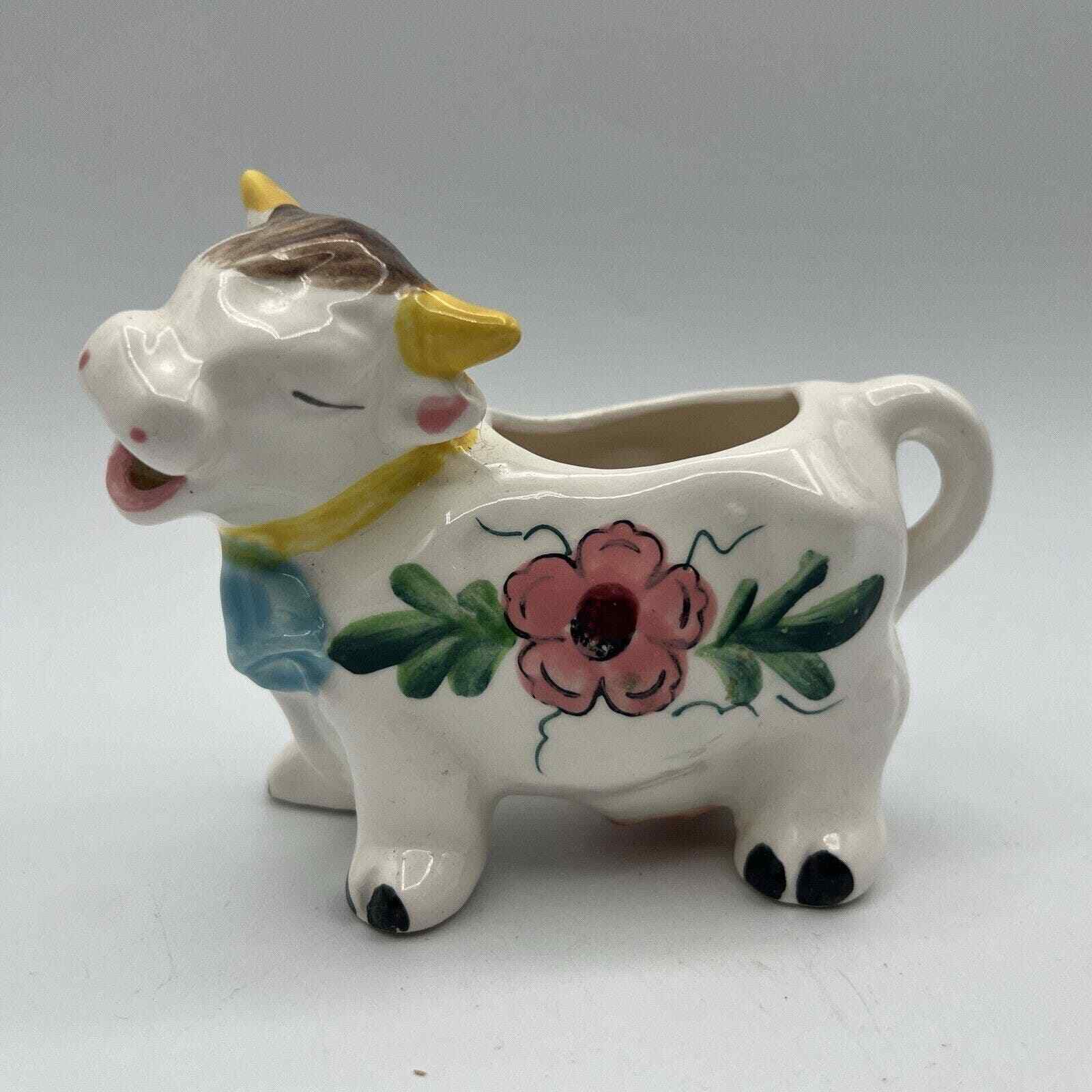 Vintage White Ceramic Cow Creamer Pink Flowers Hand Painted 4.5\