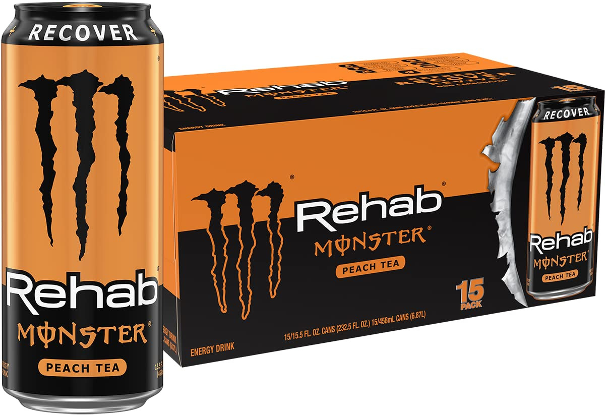 Monster Energy Rehab Peach Tea + Energy, Energy Iced Tea, Energy Drink, 15.5 Oun