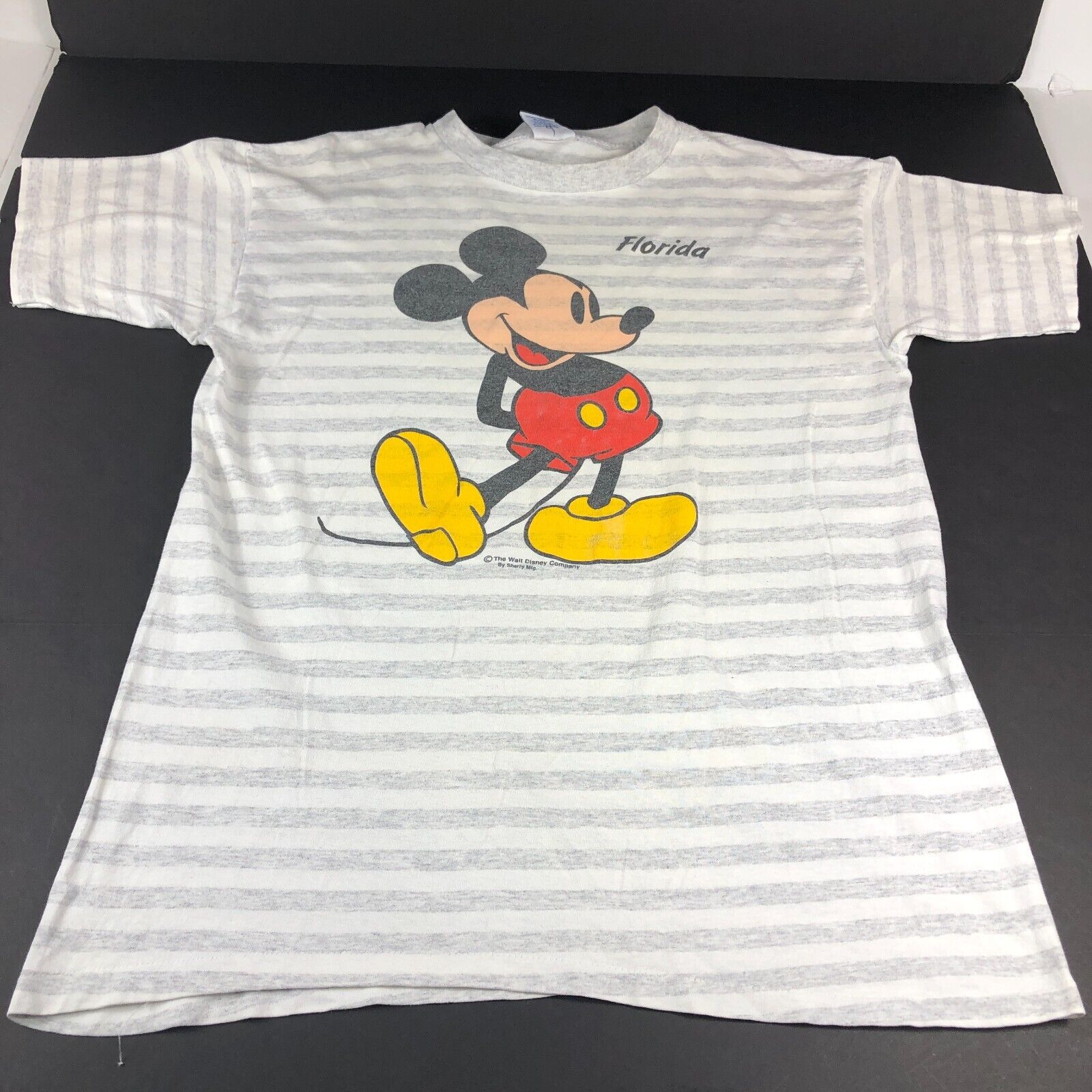 Vintage 80s Disney Mickey Mouse Shirt Men's Large White & Grey Striped Florida