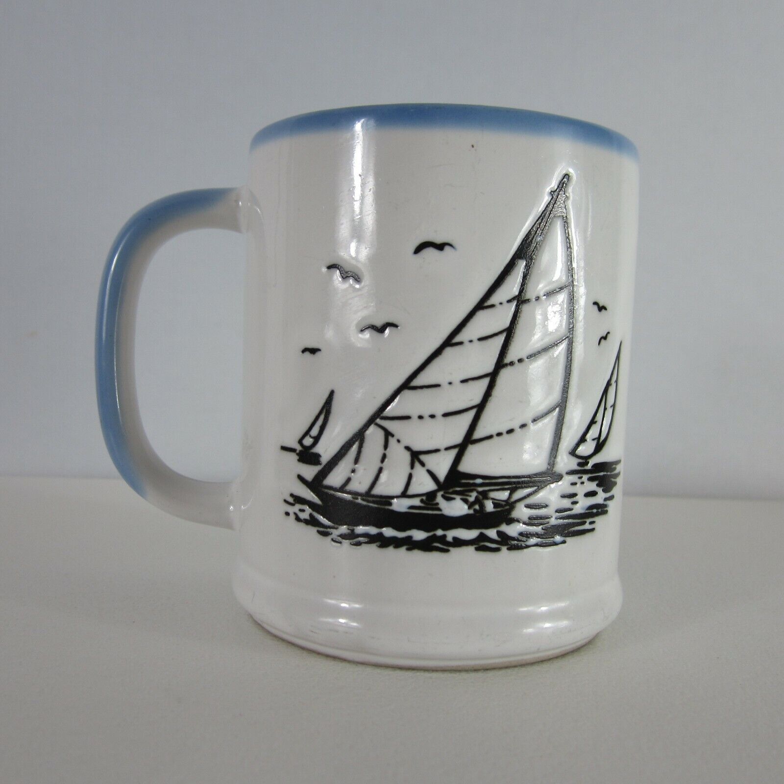Vintage Nautical Sailboat Mug Ivory Blue Glazed Ceramic Made in Japan Boat Ocean