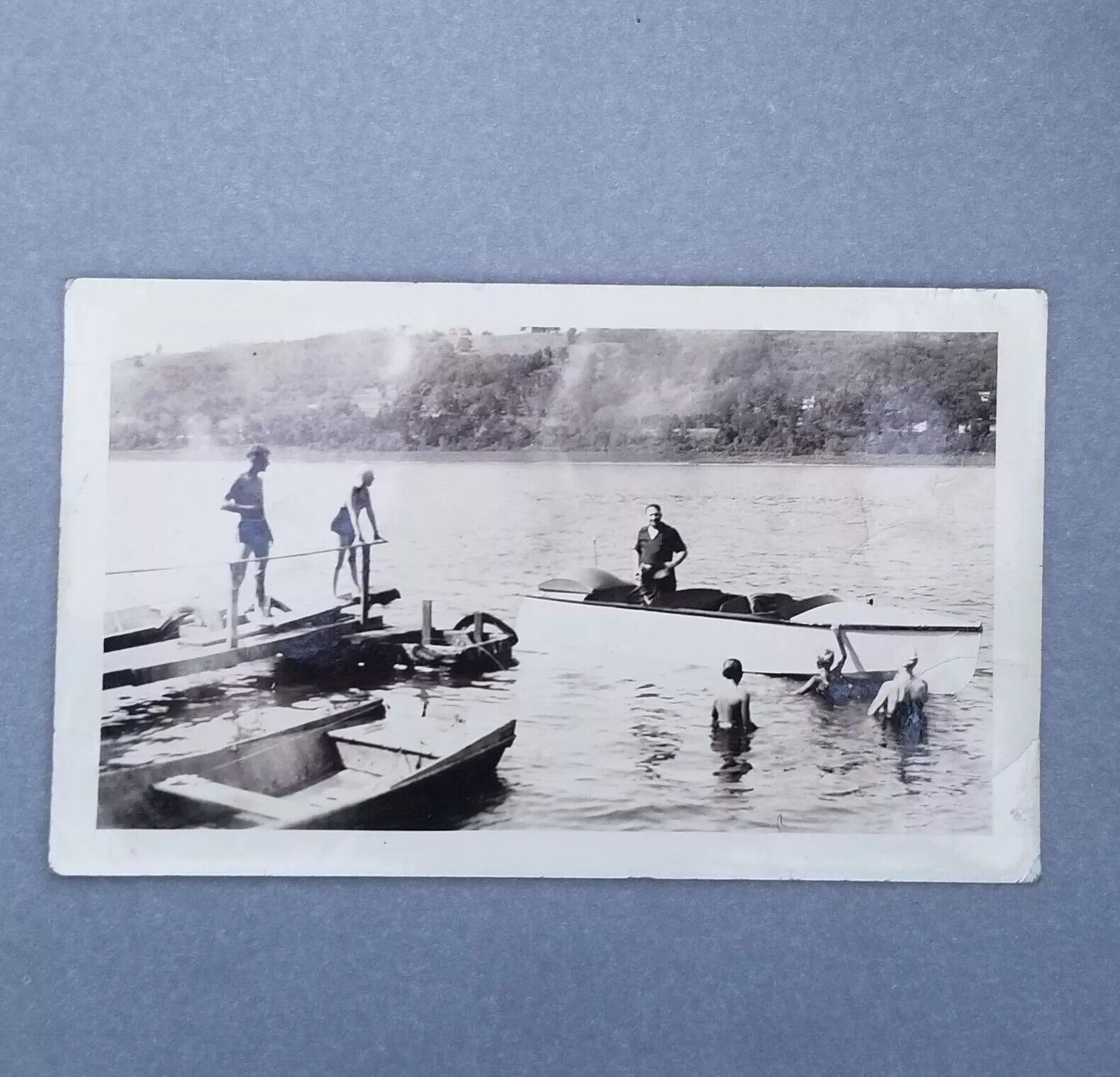 Vintage Photograph Wooden Boat River Lake Men Women Swimming 1940s B&W Snapshot 