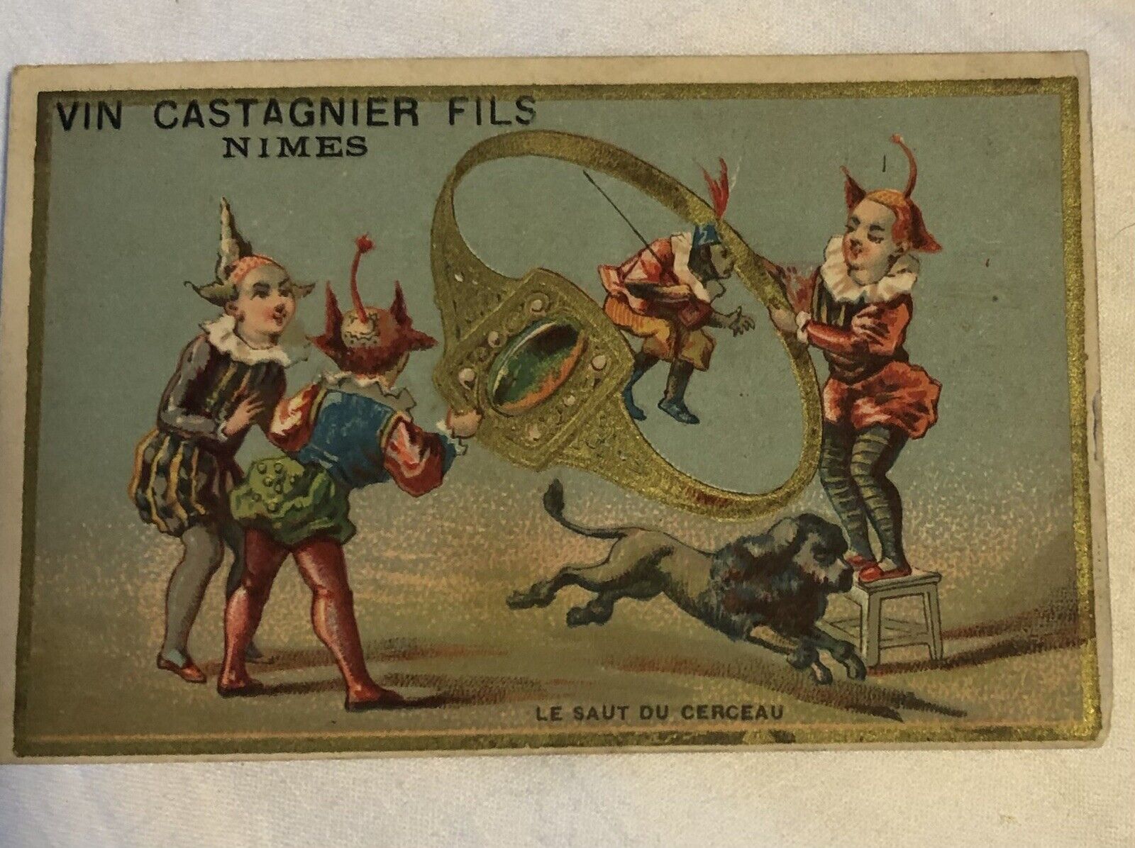 Vintage Pierrot Clowns Circus Monkey Dog Gold Foil Trade Card C25