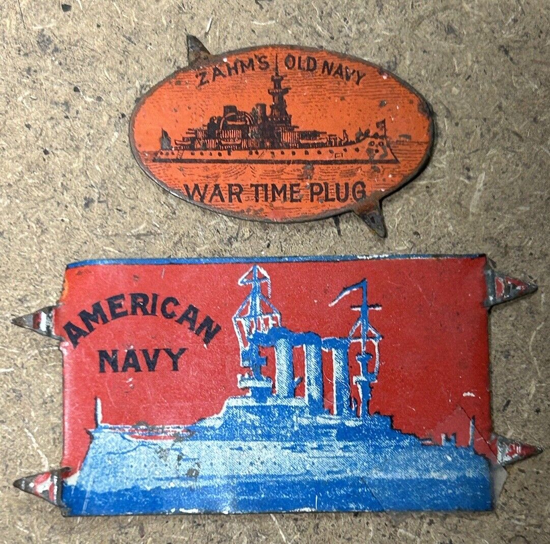 Antique Tin Chewing Tobacco Seal Tags WARTIME PLUG & AMERICAN NAVY Battleships