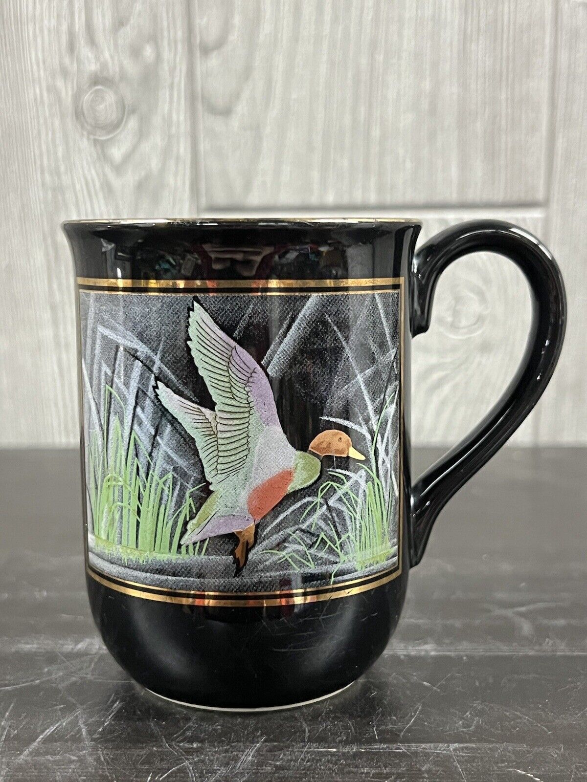 Vintage Tagore Japan Coffee Mug Cup Black Flying Mallard Duck Gold Rim