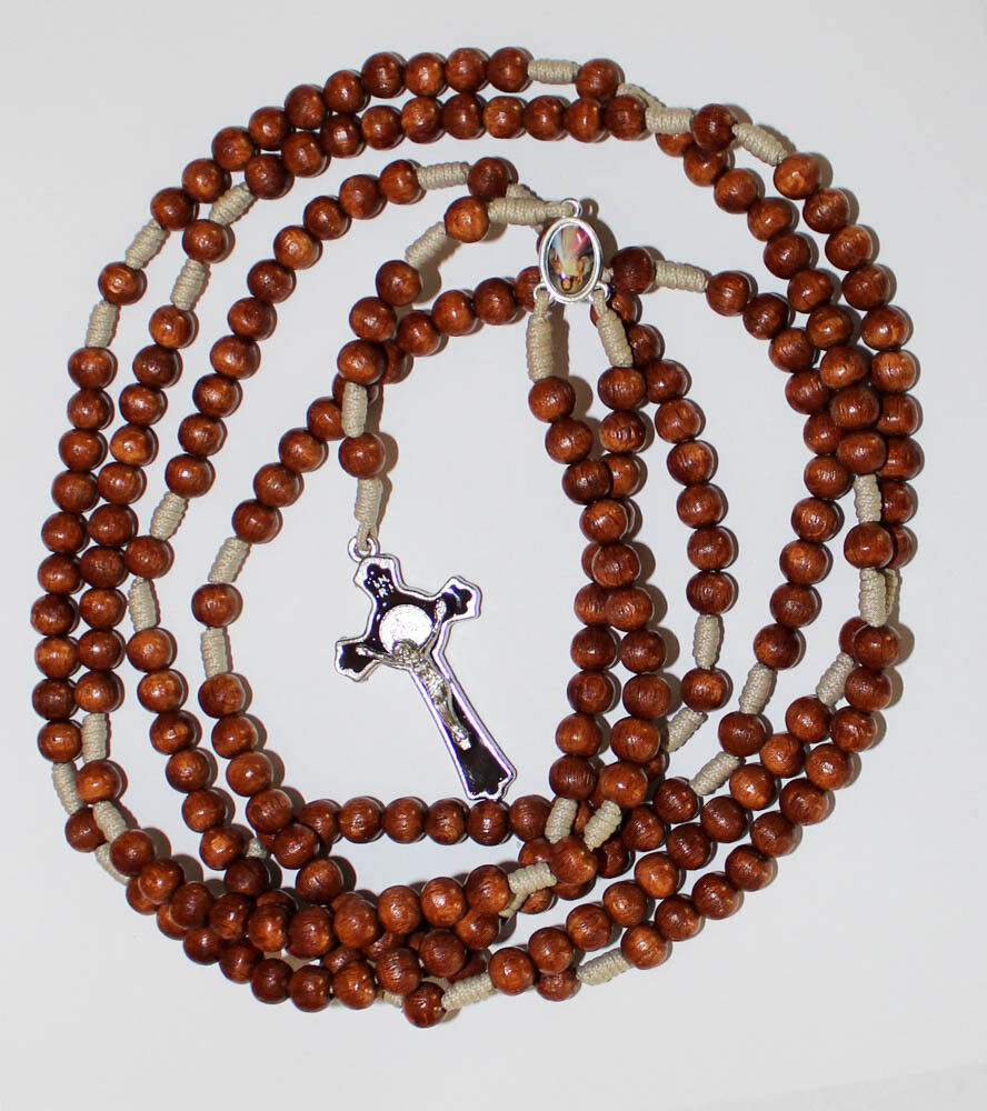 20 Decade Brown Wood Beads Rosary Holy Rosary of Sacred Mysteries+Gift Holy Card