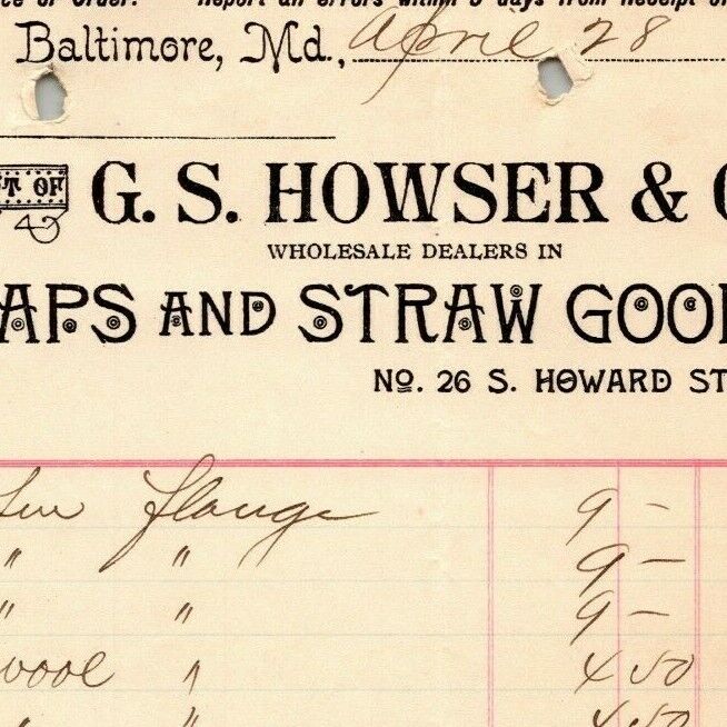 1896 Letterhead Billhead G.S. Howser & Co. Straw Goods Baltimore Ephraim Baker* 