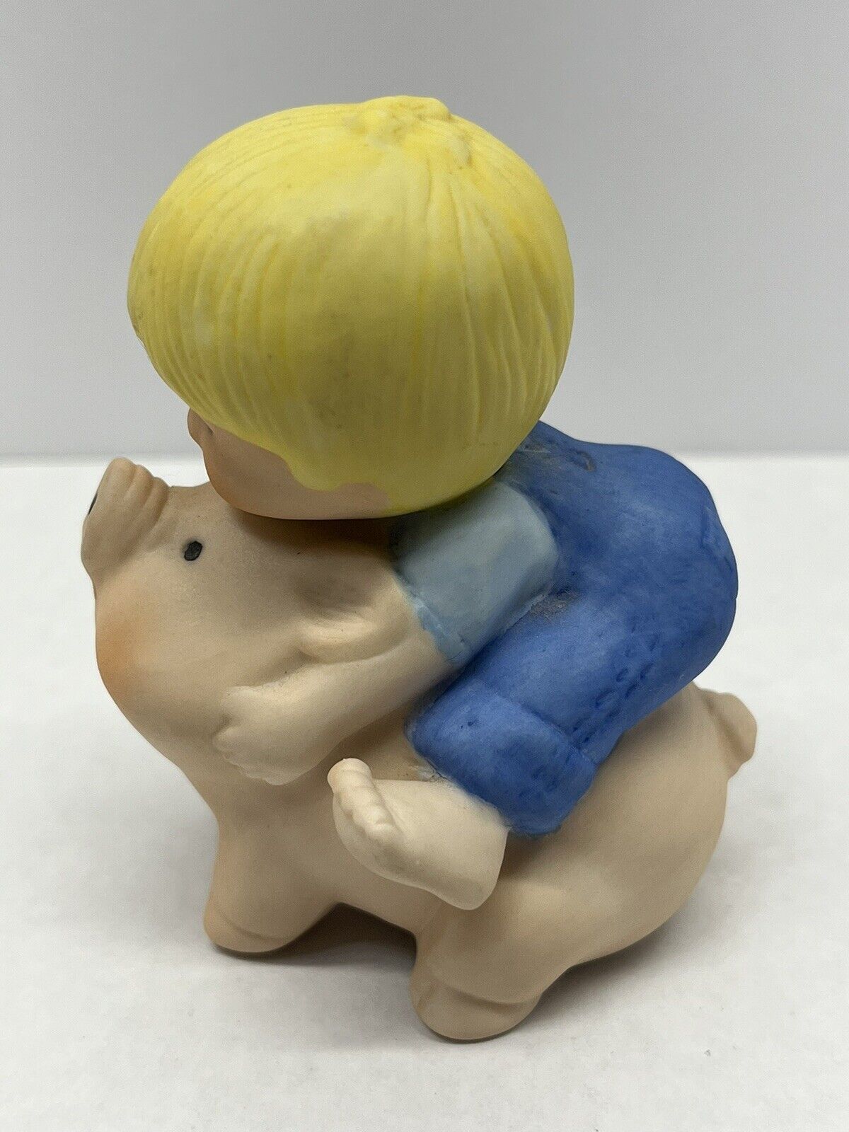 Vintage Enesco 1982 Blonde Boy in Overalls Riding on a Pig Figurine 3\