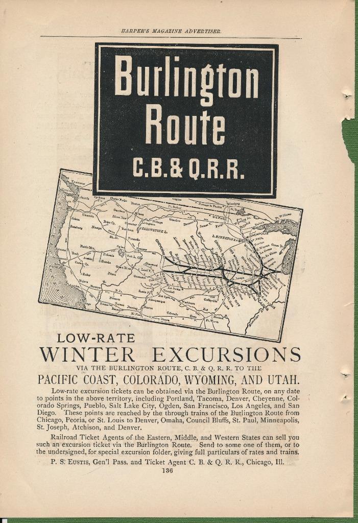 Magazine Ad - 1889 - Burlington Route - Chicago, Burlington & Quincy Railroad