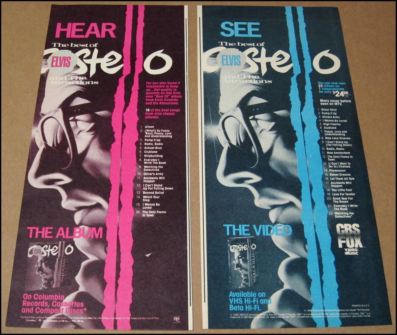 1985 The Best of Elvis Costello Print Ad Album Video Advertisement Lot of 2 Ads
