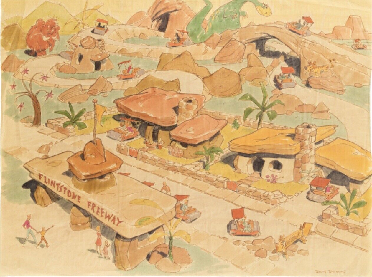 Flintstones Freeway Theme Park Attraction Concept Painting Hannah Barbera 1968
