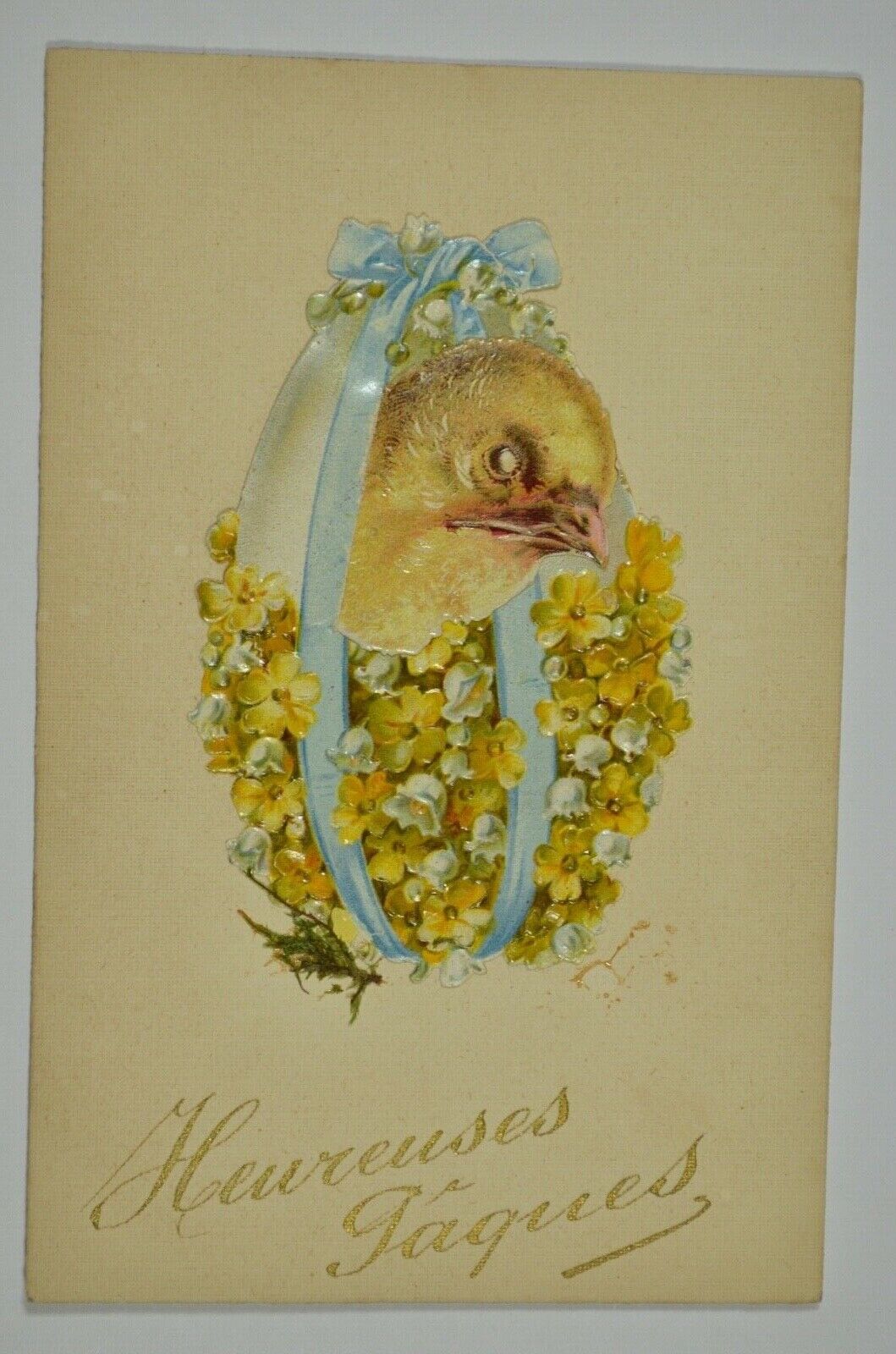Vintage Easter Greetings Postcard French? Chick Embossed Collaged Applique