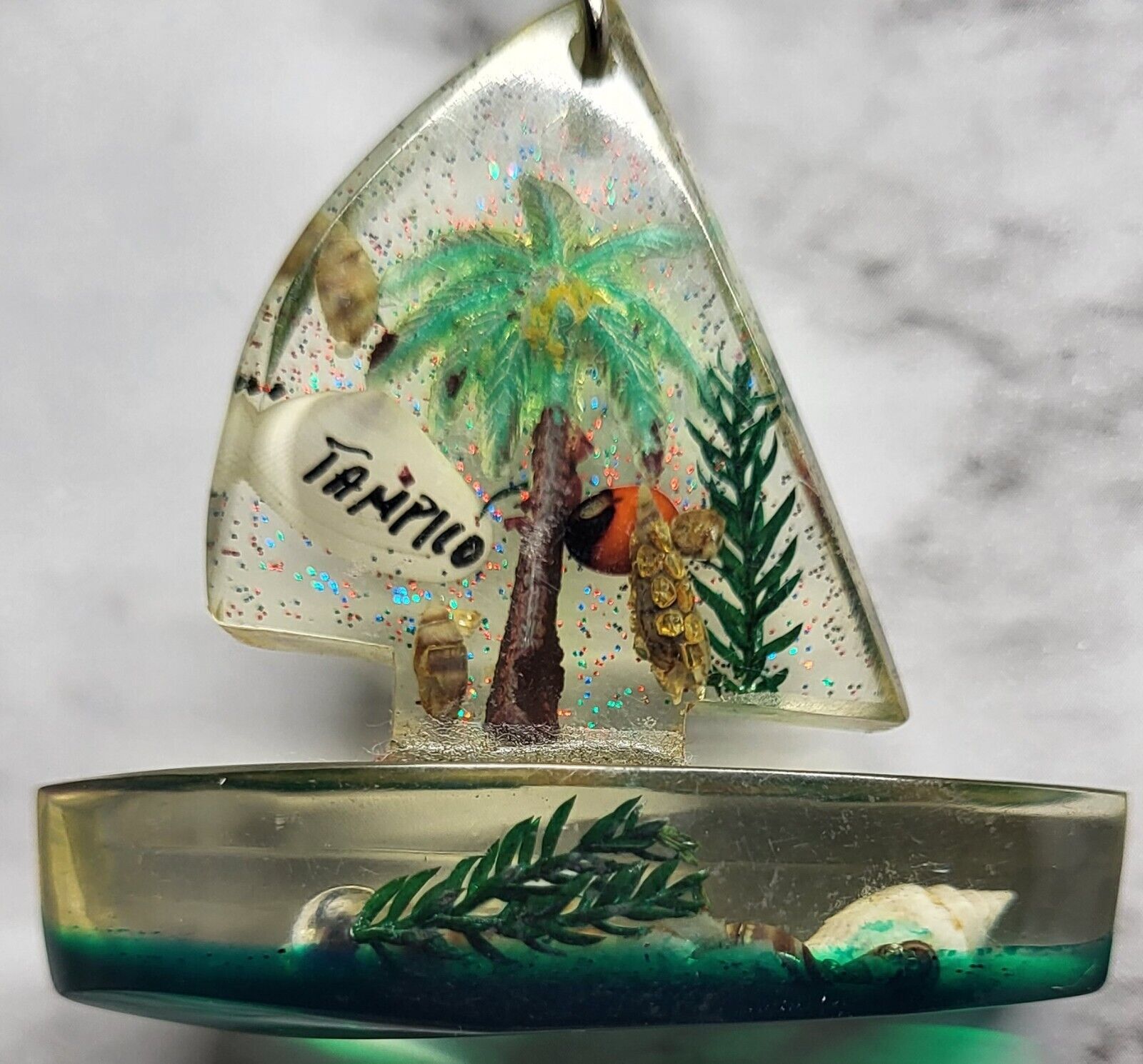 Vintage Souvenir Keychain. Tampico. Sailboat. Resin. Shells. Palm Tree....