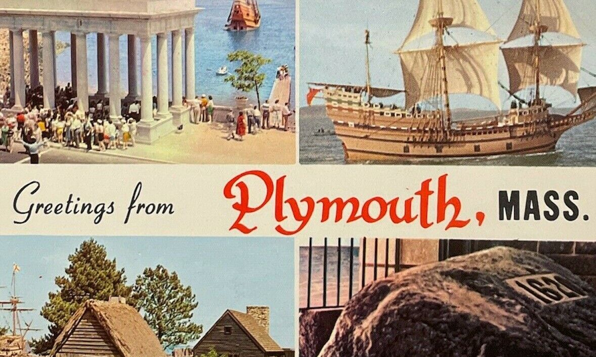 Greetings from Plymouth Massachusetts Mayflower Rock Postcard Used 1960s