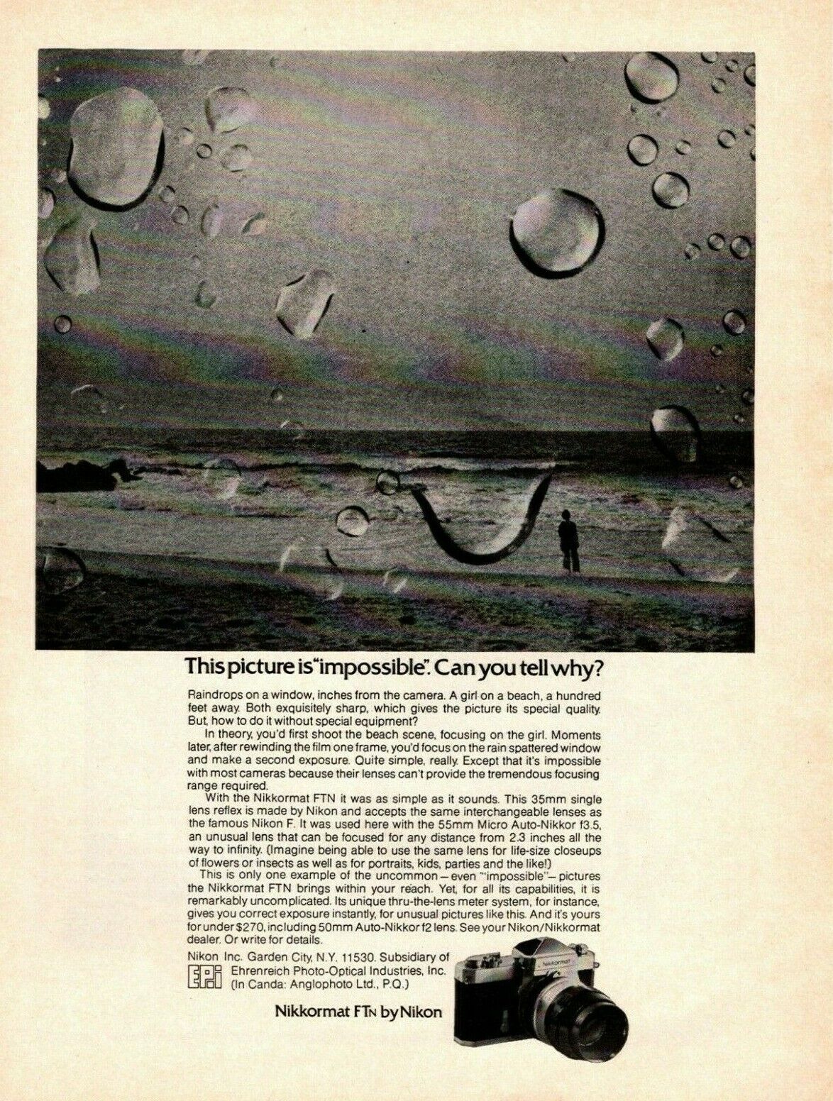 1969 Nikkormat FTN by Nikon Camera Raindrops On Window Beach Sand Ocean Print Ad