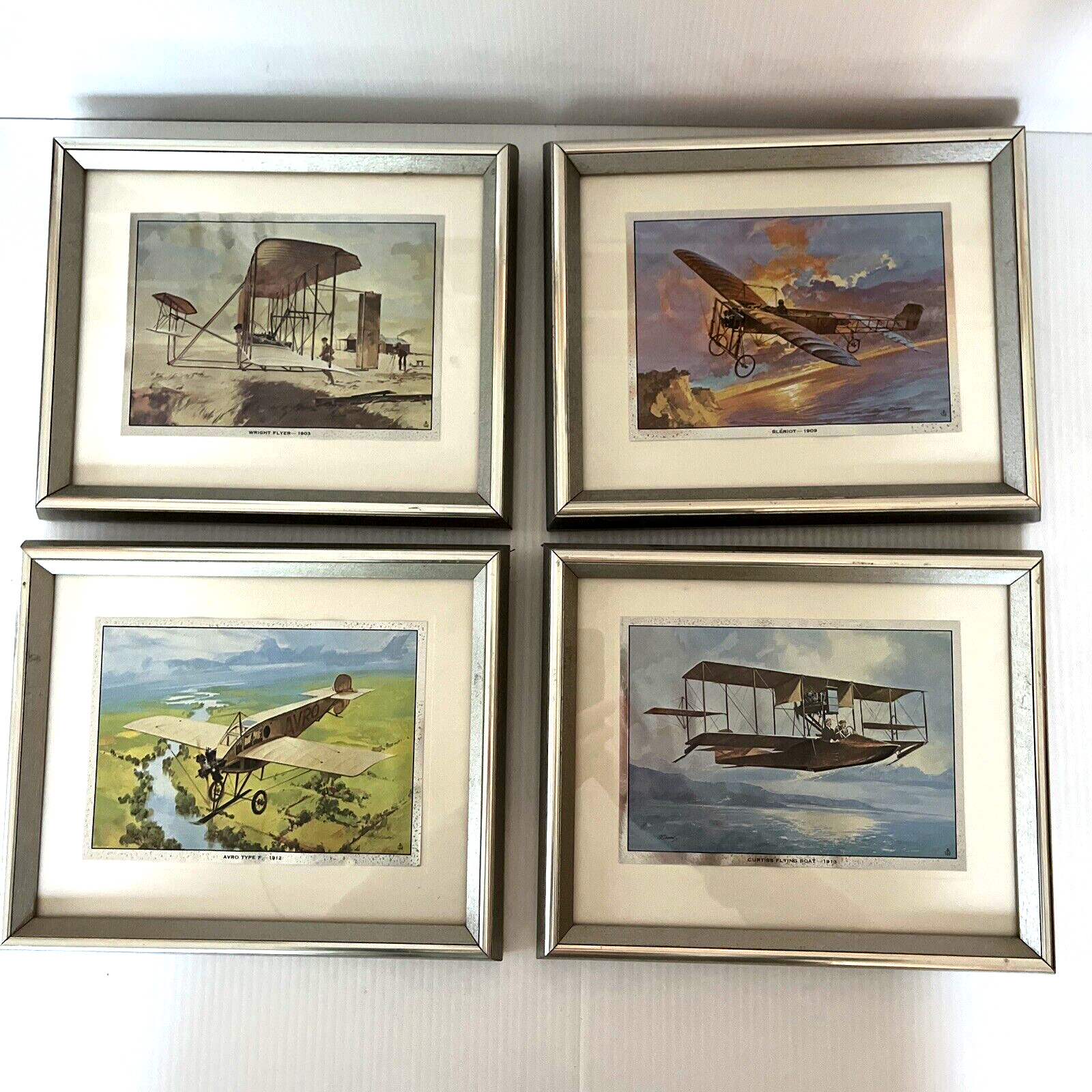 Early Airplane Planes Wright Curtiss 1900s Framed Print Set Silver Metallic