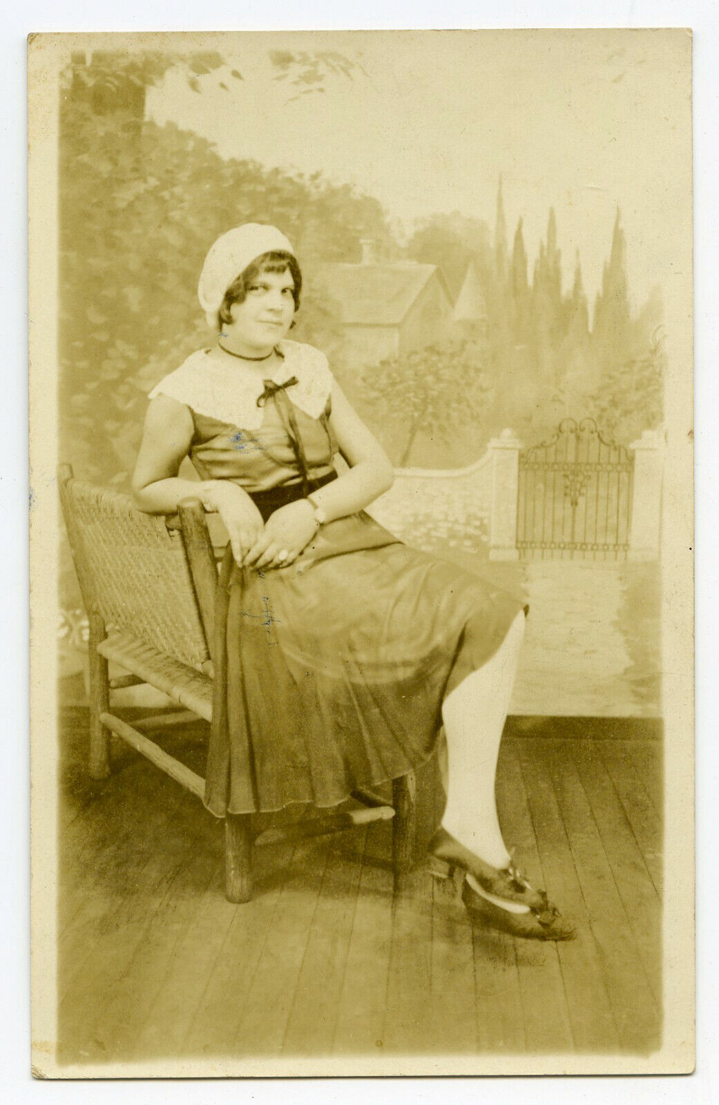 Antique RPPC Post Card Photo Woman Fashion Posing Chair Long Dress