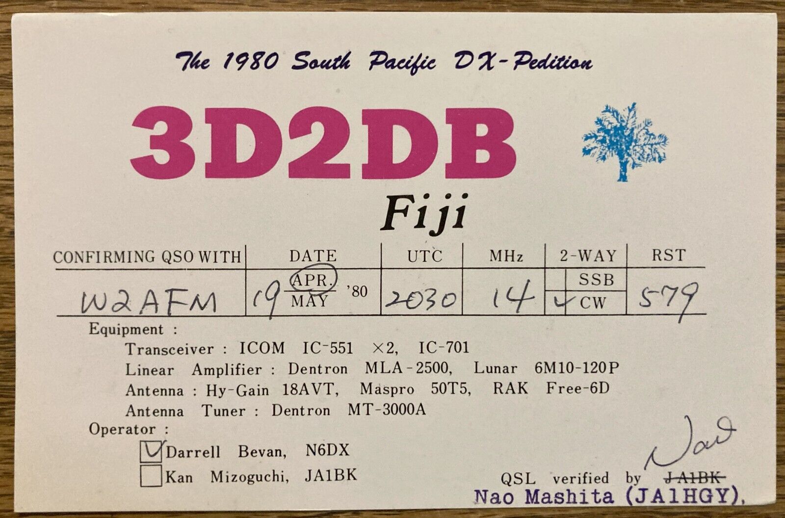 QSL Card - Fiji DX-Pedition - 3D2DB - 1980 - Darrell Beven
