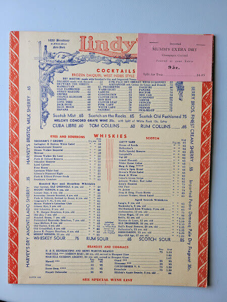 1940s/50s Lindy\'s Broadway at 50th New York City Menu Original