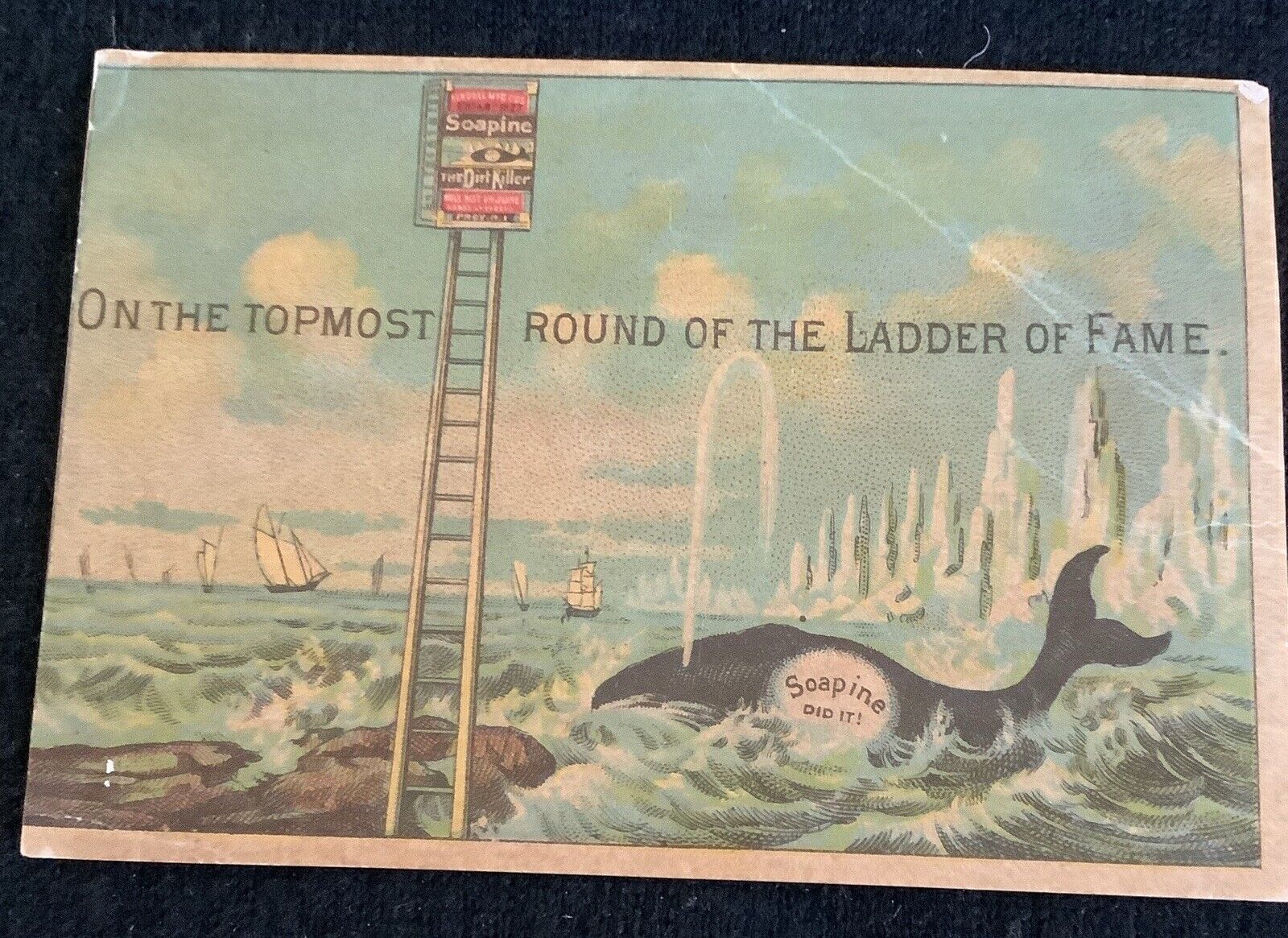 Vintage Victorian trade card killer whale Soapine Antique Crease