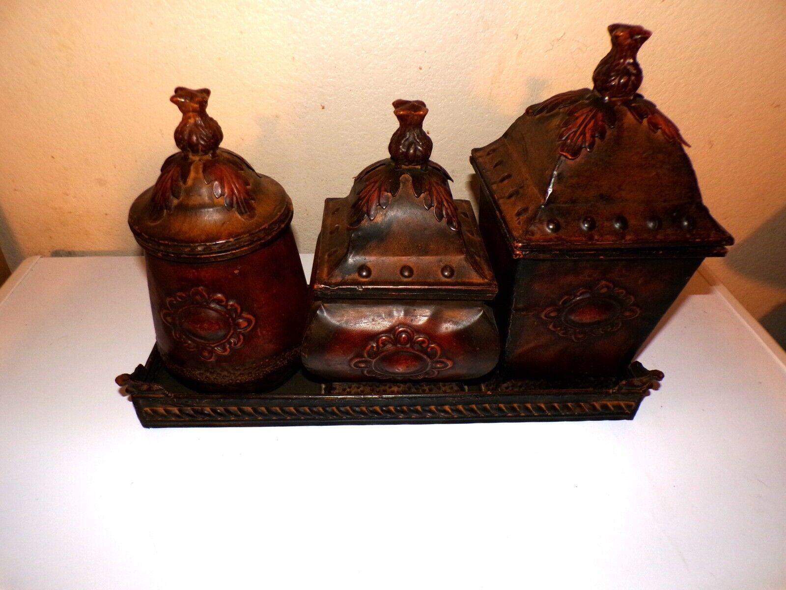 VINTAGE CHINESE 3PCS,. TIN CANISTER SET WITH HOLDER