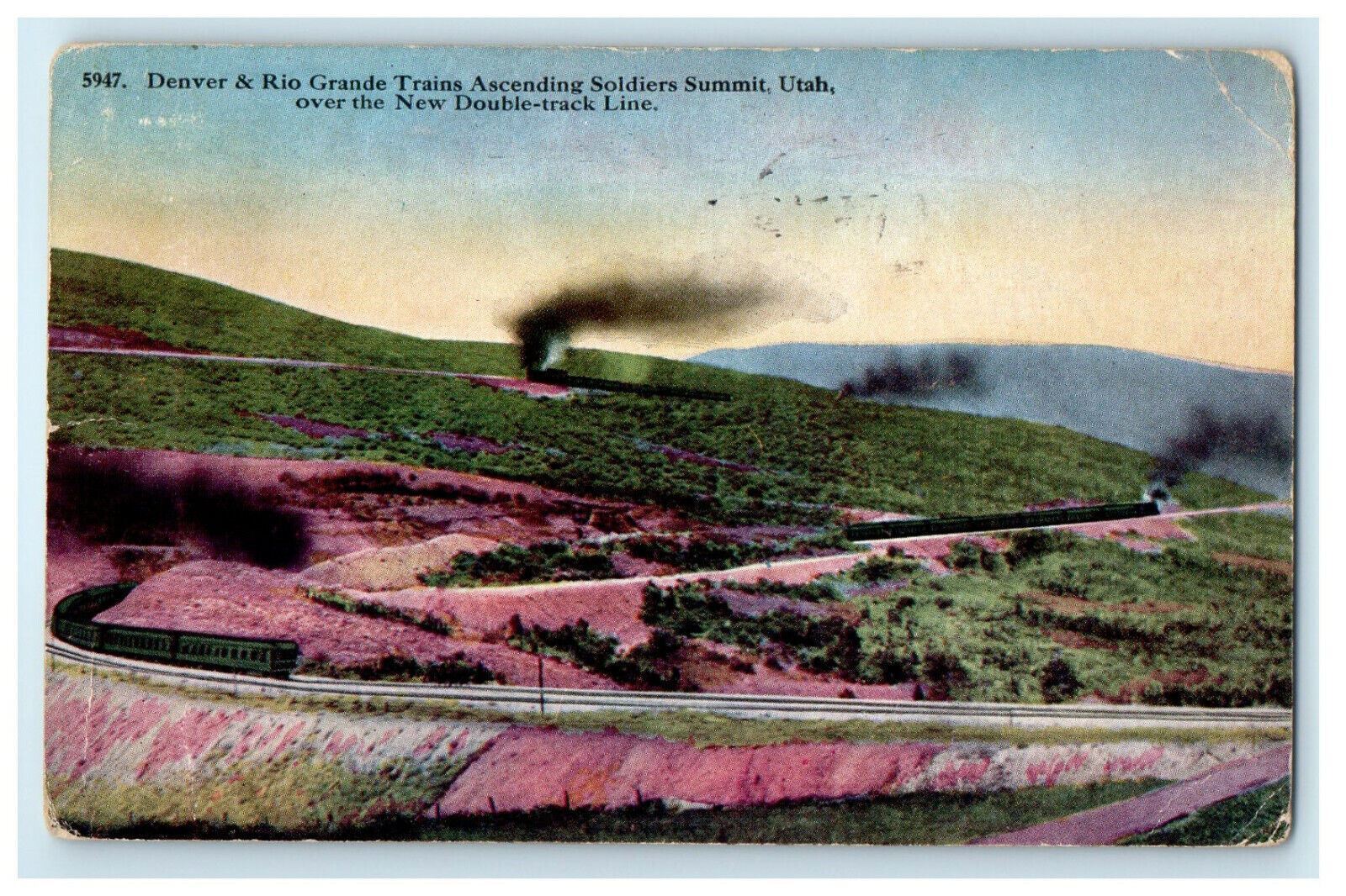 1916 Denver & Rio Grande Trains Ascending in Soldier's Summit Utah UT Postcard