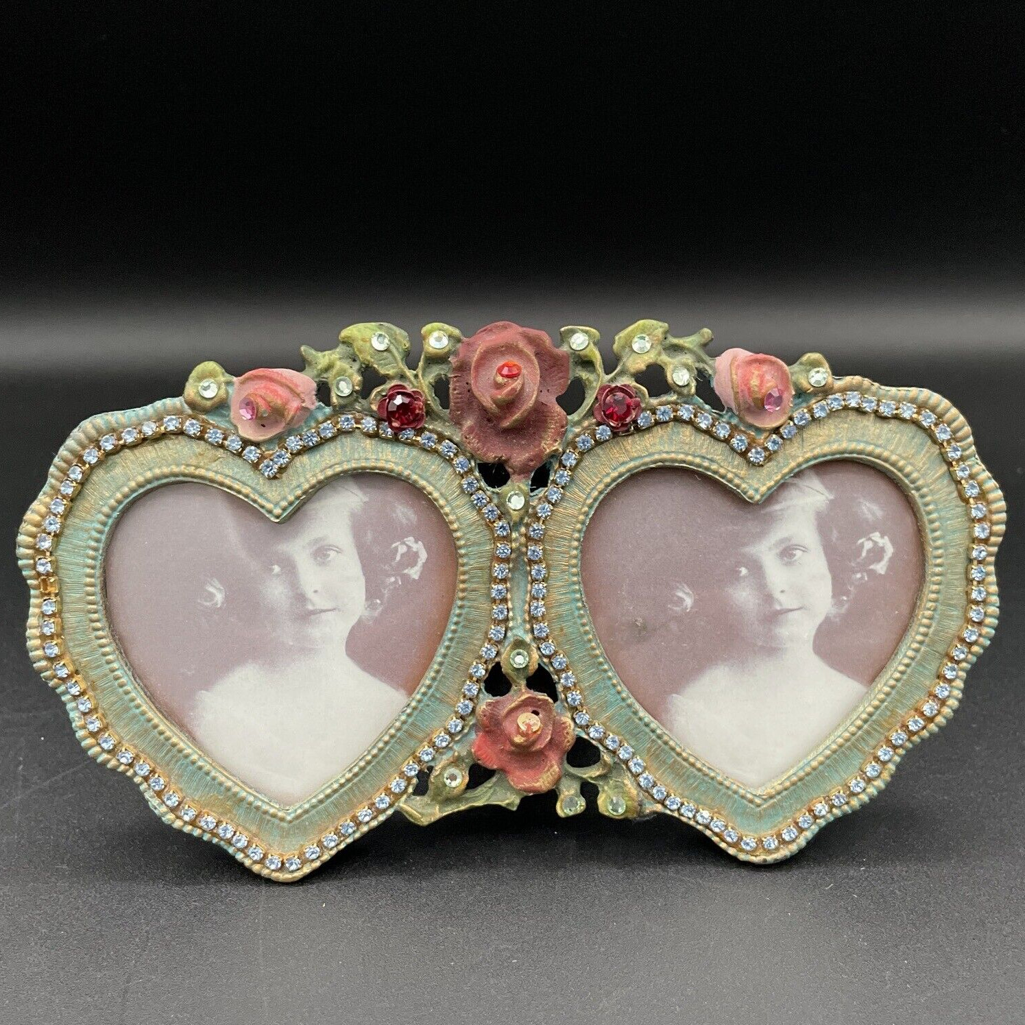 Vintage Metal & Rhinestone Duo Hearts & Roses Michal Negrin Picture Frame